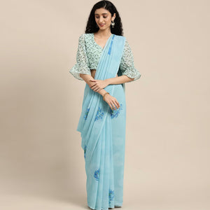 Sky Blue Floral Digital Printed Georgette Saree