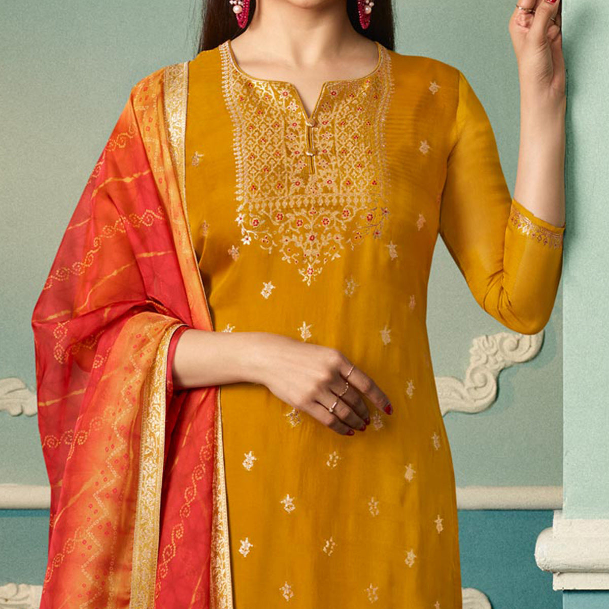 Mustard Floral Woven Organza Salwar Suit