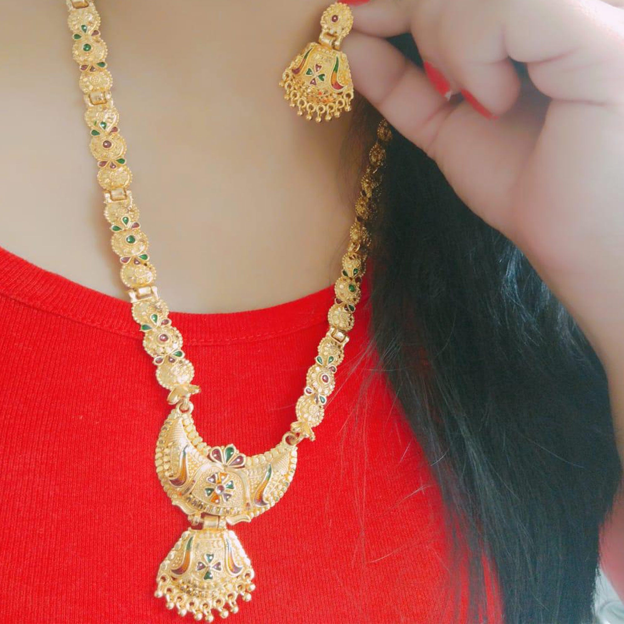 Gold Plated Alloy Long Necklace Set