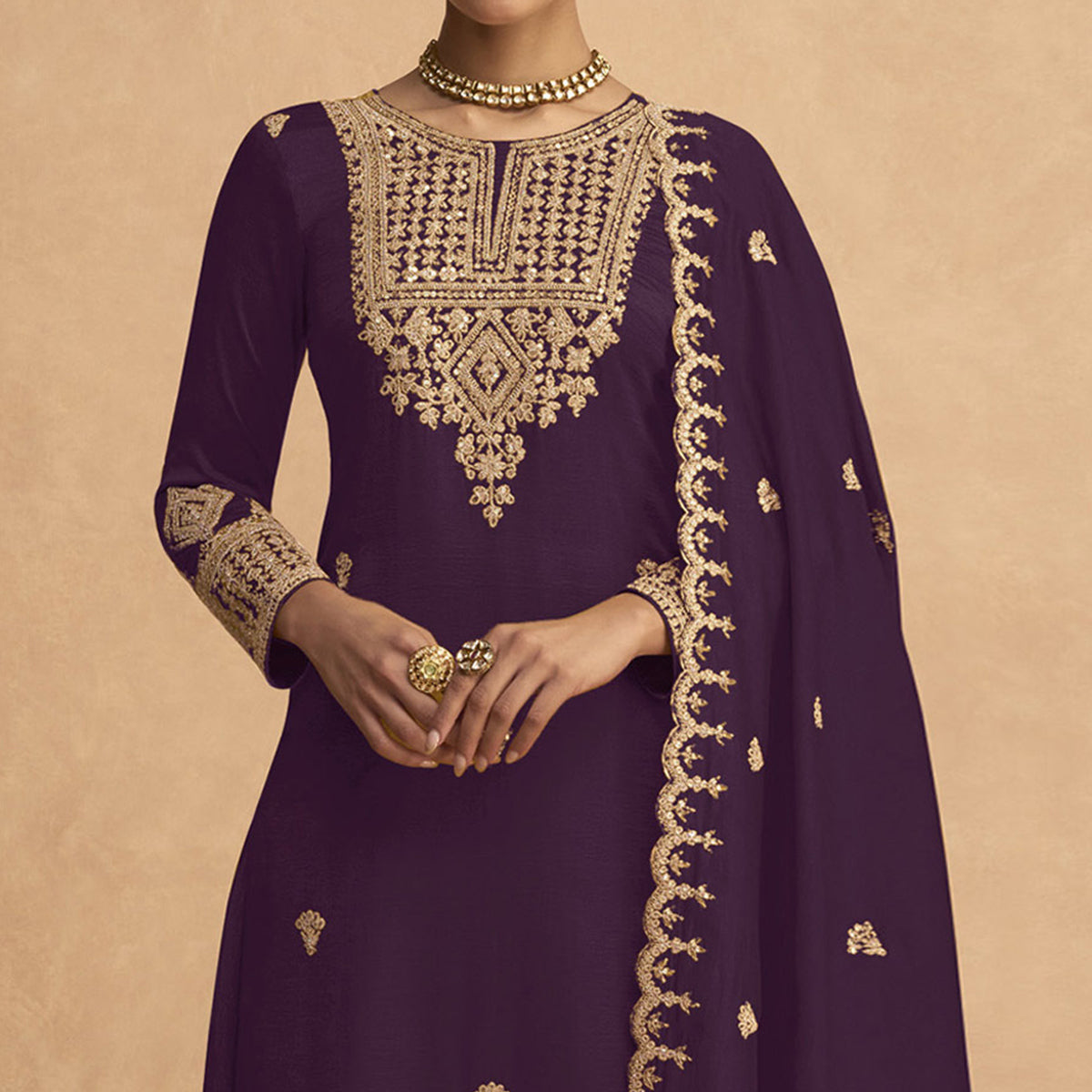Purple Sequins Embroidered Georgette Palazzo Suit