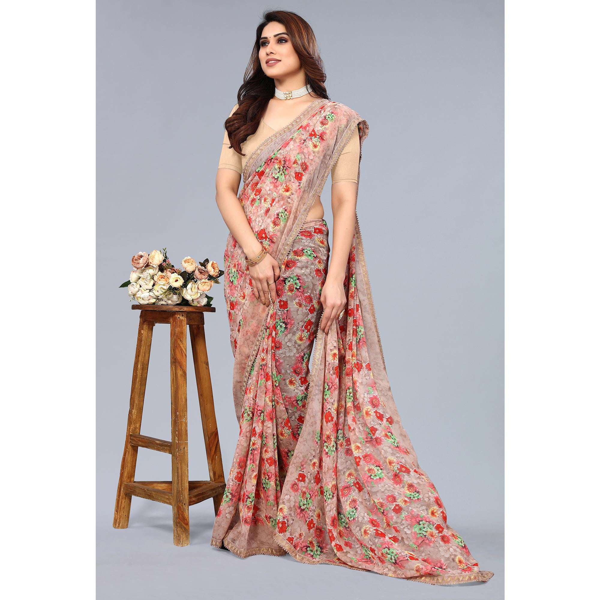 Beige Printed Georgette Saree With Crochet Border