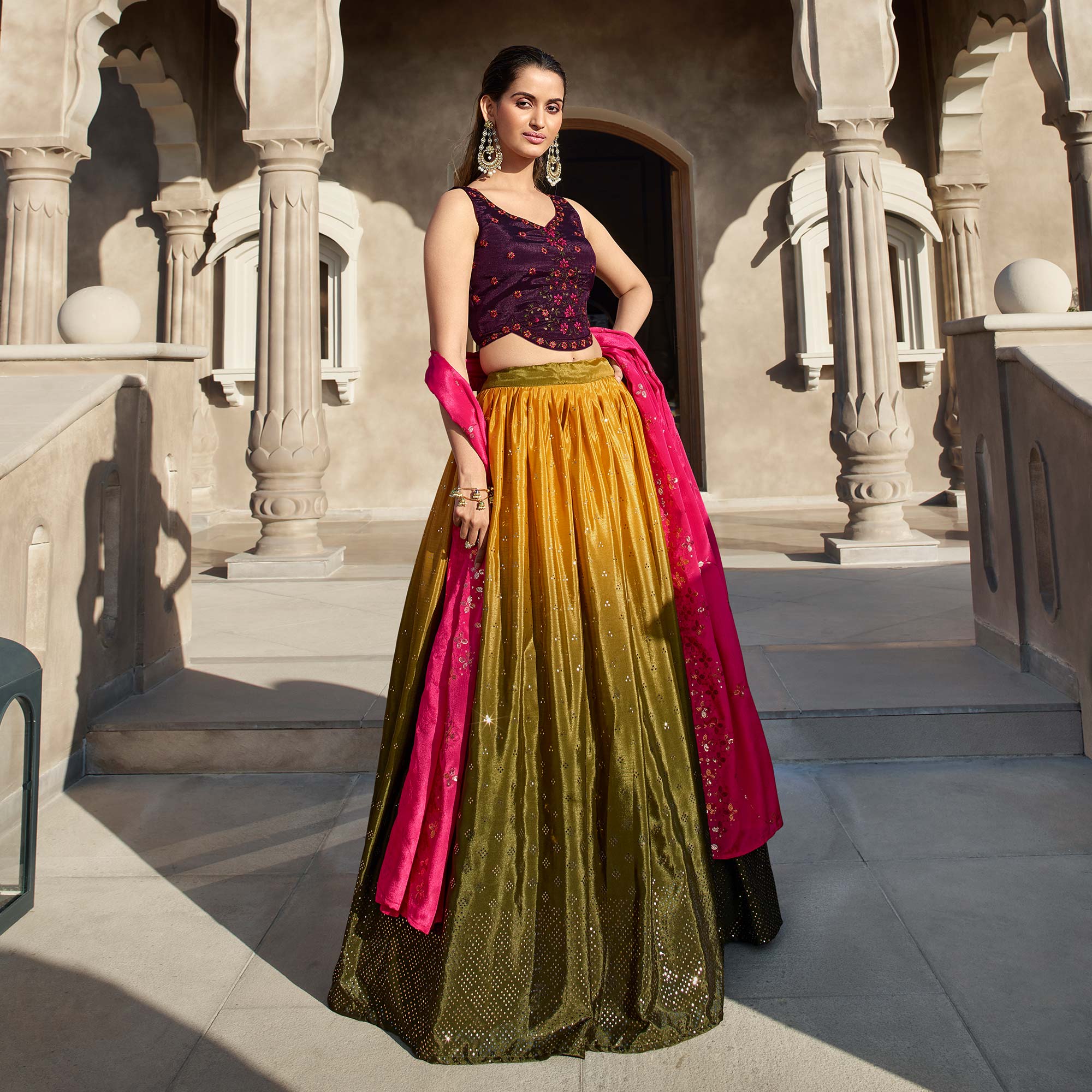 Mustard & Olive Green Embellished Mirror Work Georgette Lehenga Choli