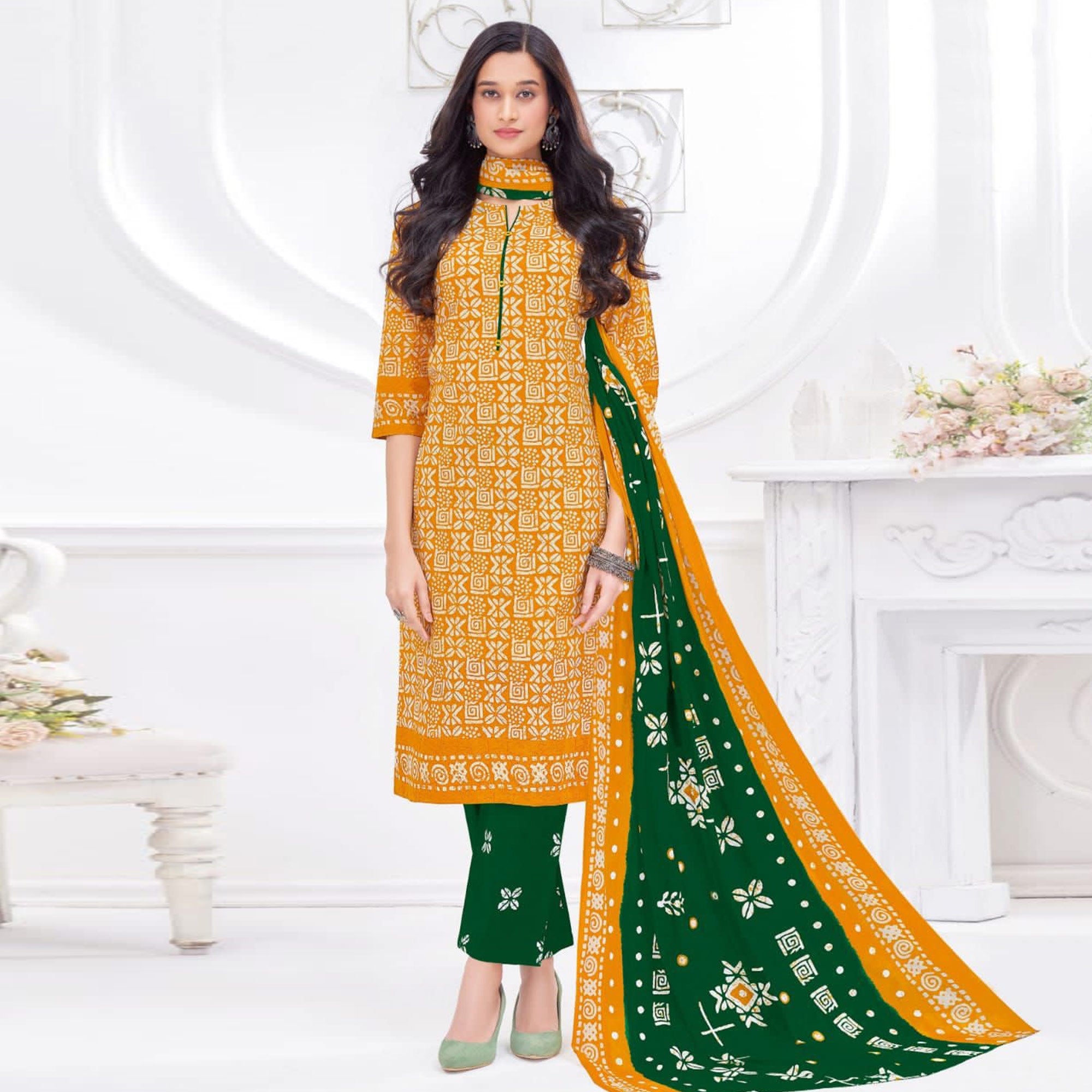 Mustard Printed Cotton Suit