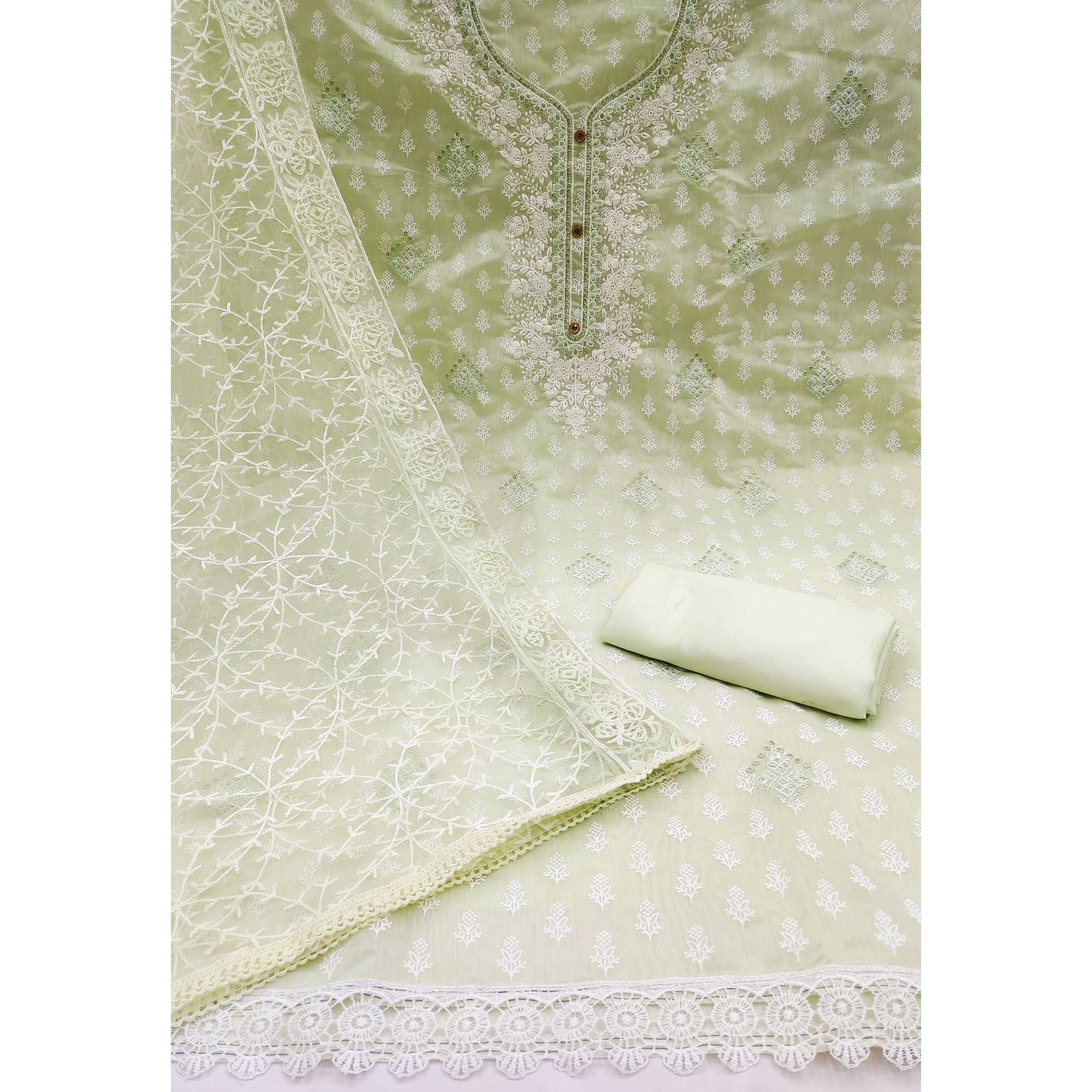 Green Floral Embroidered Chanderi Dress Material