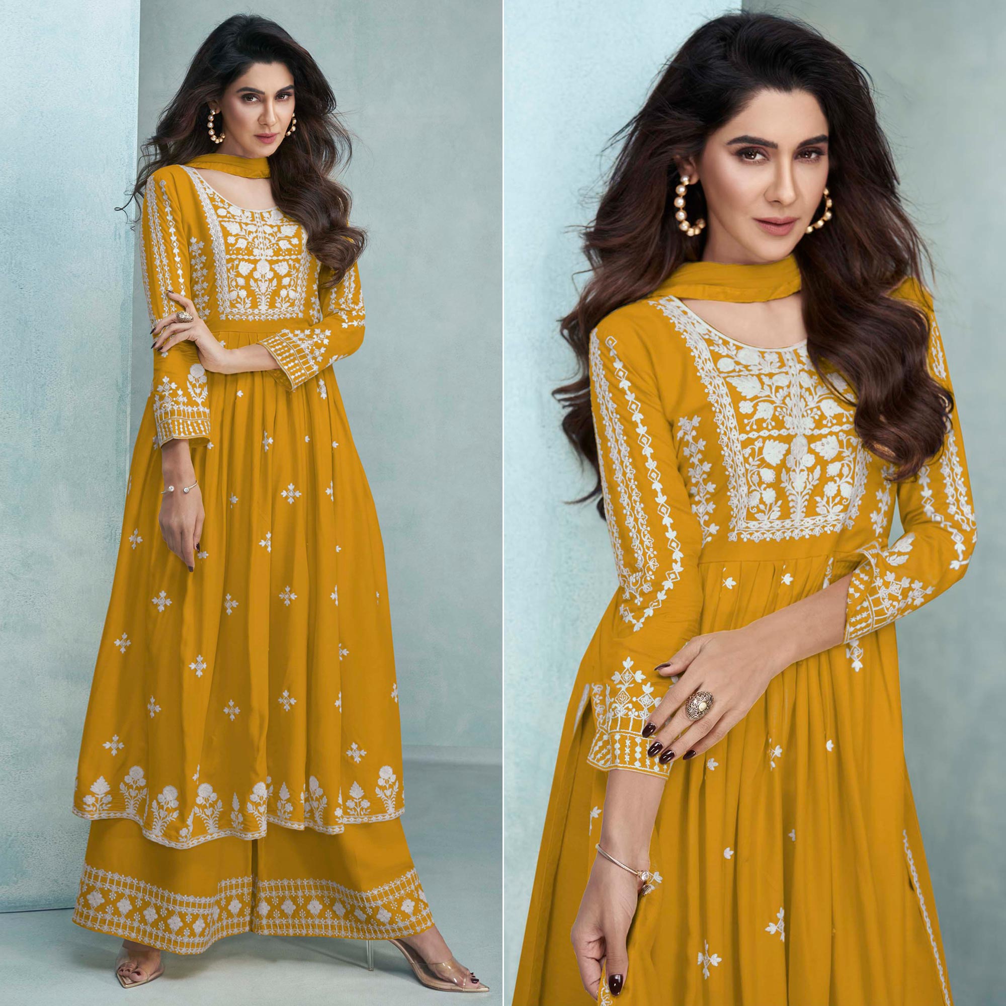 Mustard Lucknowi Embroidered Rayon Palazzo Suit