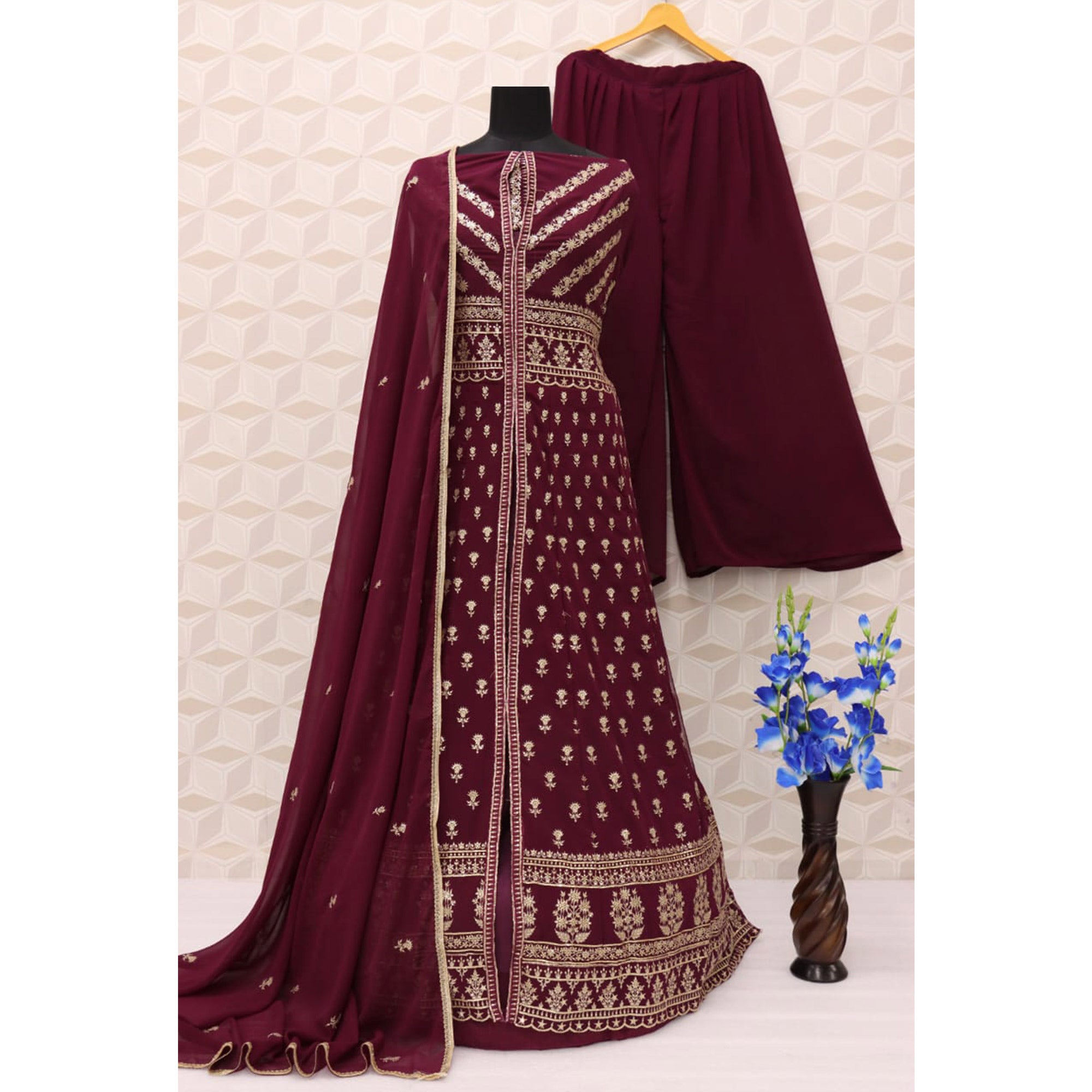 Maroon Floral Embroidered Georgette Palazzo Suit