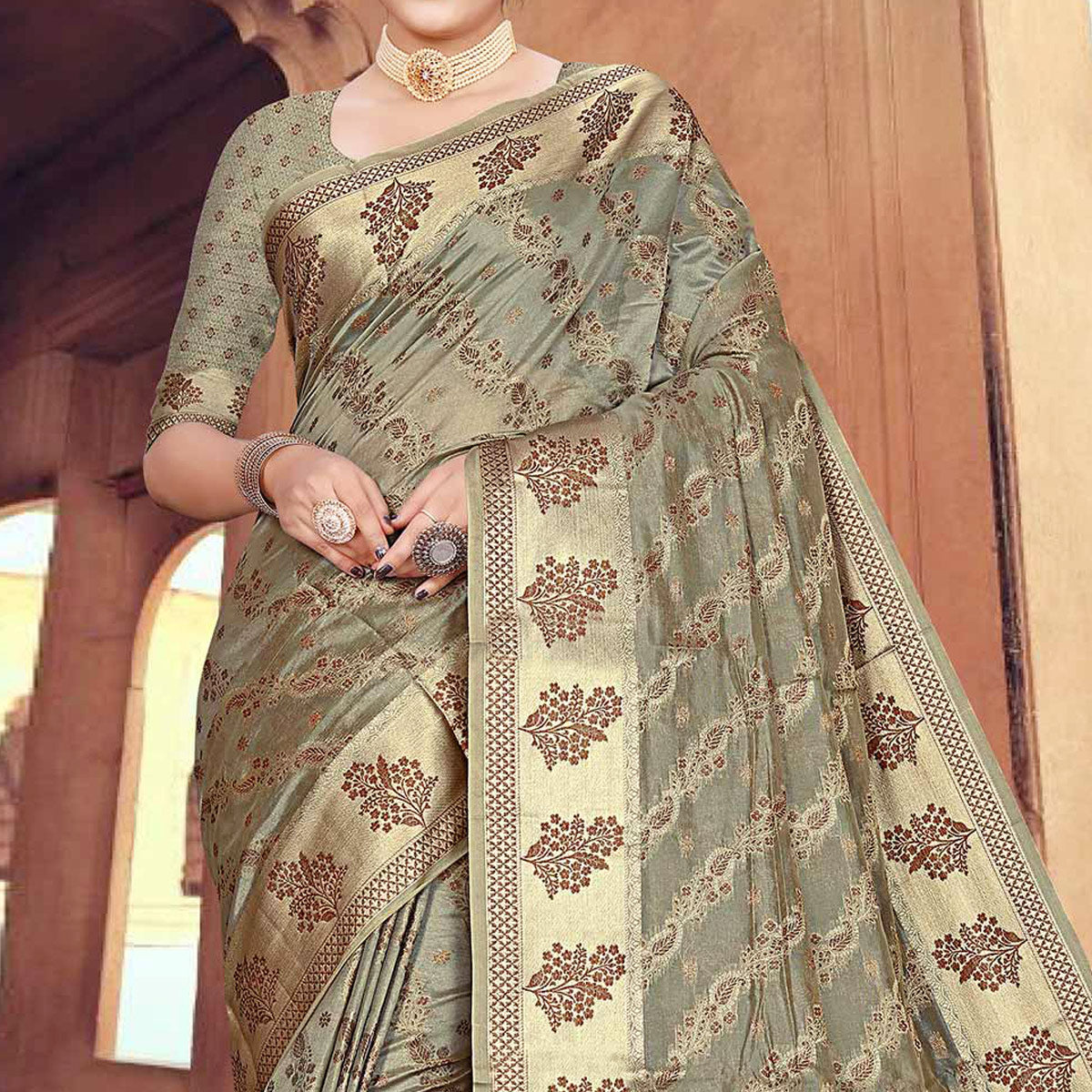 Grey Floral Woven Organza Saree