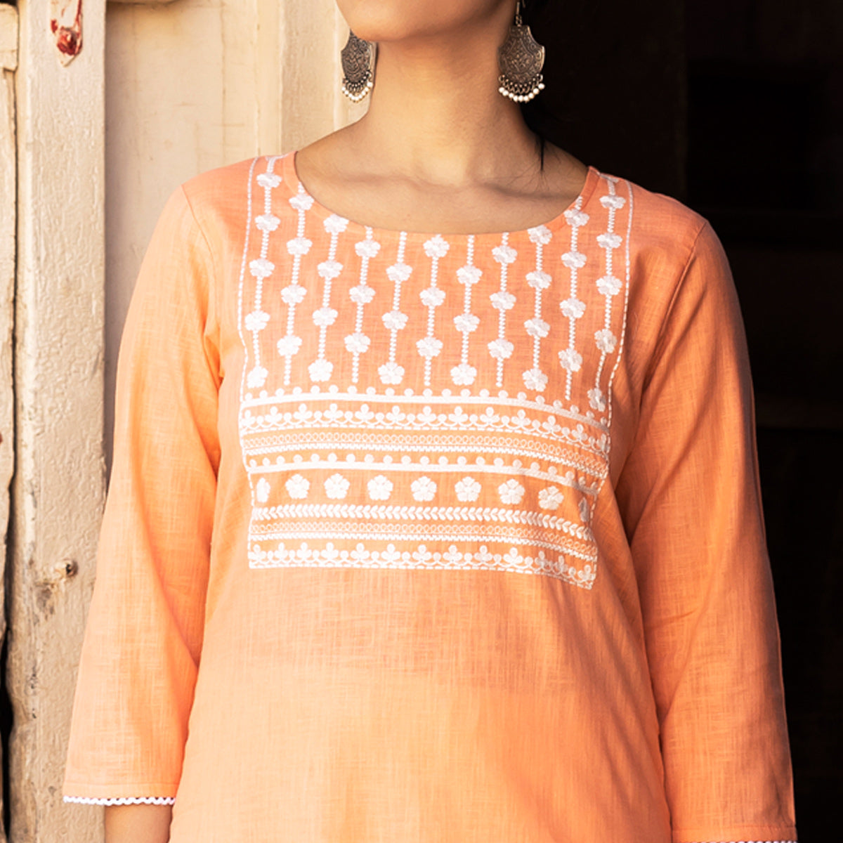Peach Embroidered Pure Cotton Kurti