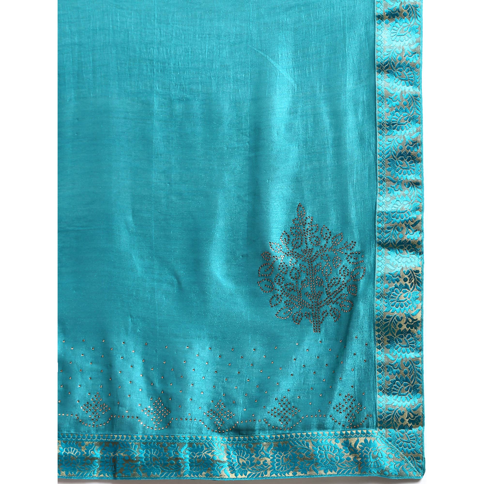 Turquoise Blue Swaroski Work Vichitra Silk Saree