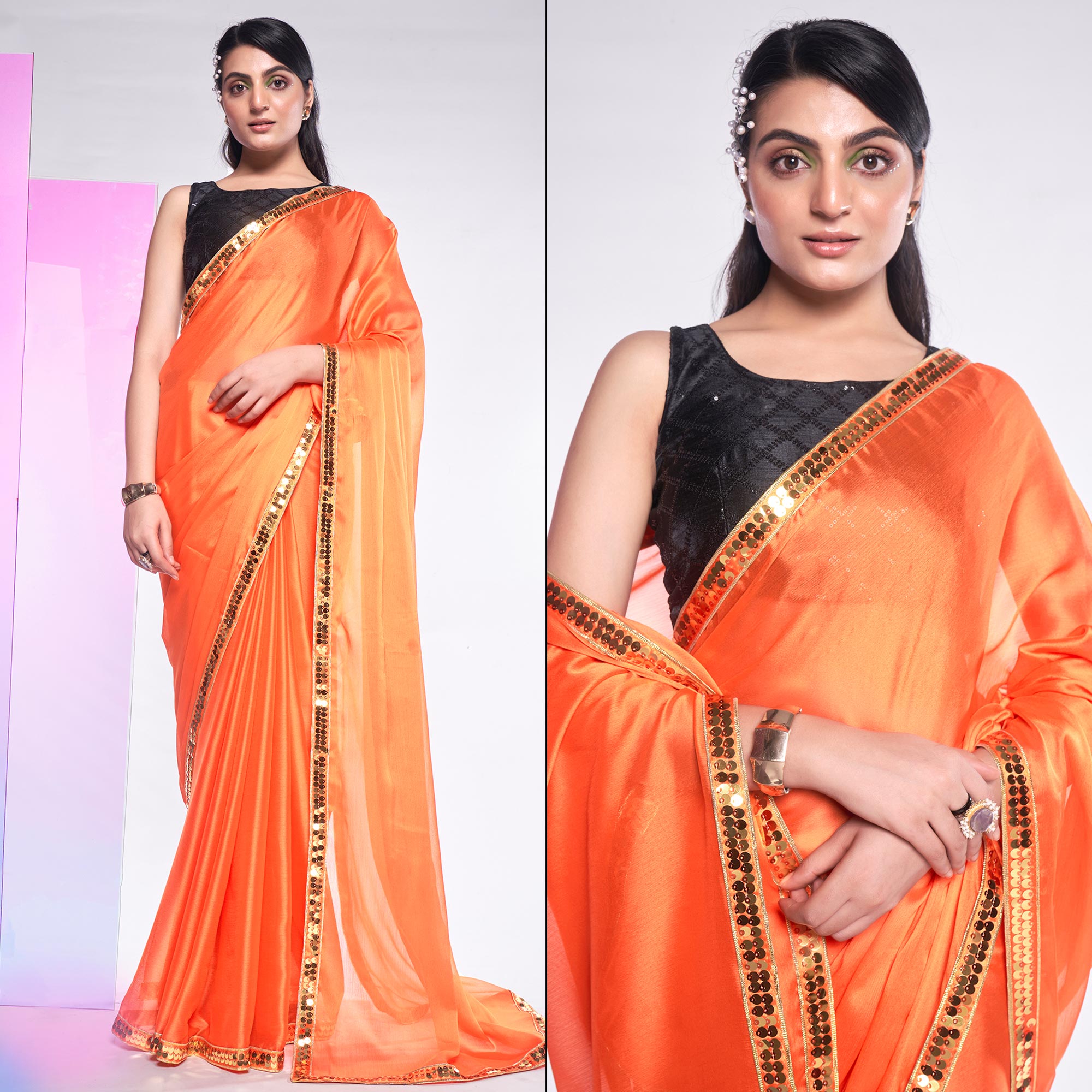 Orange Solid With Embroidered Border Georgette Saree