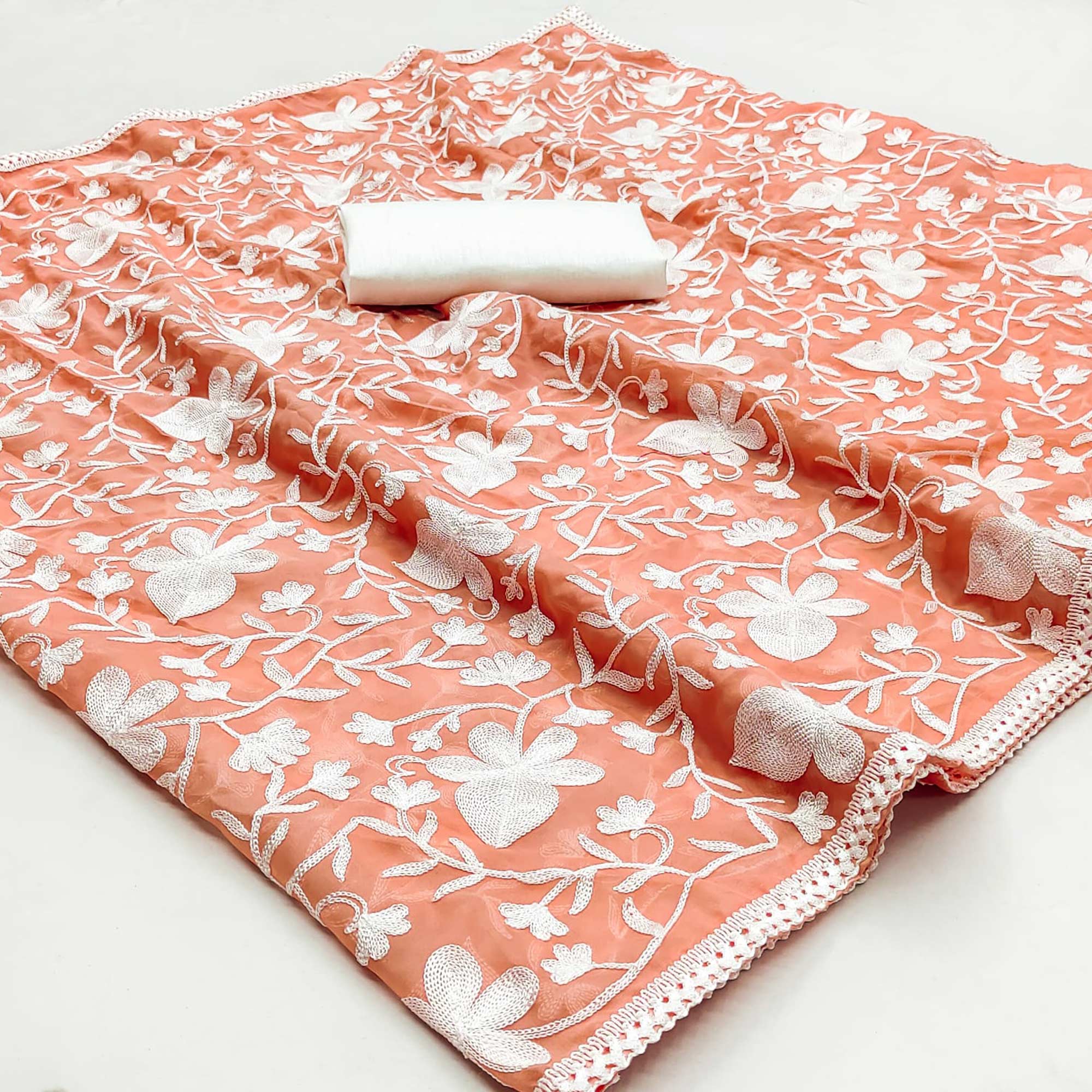 Peach Floral Embroidered Organza Saree