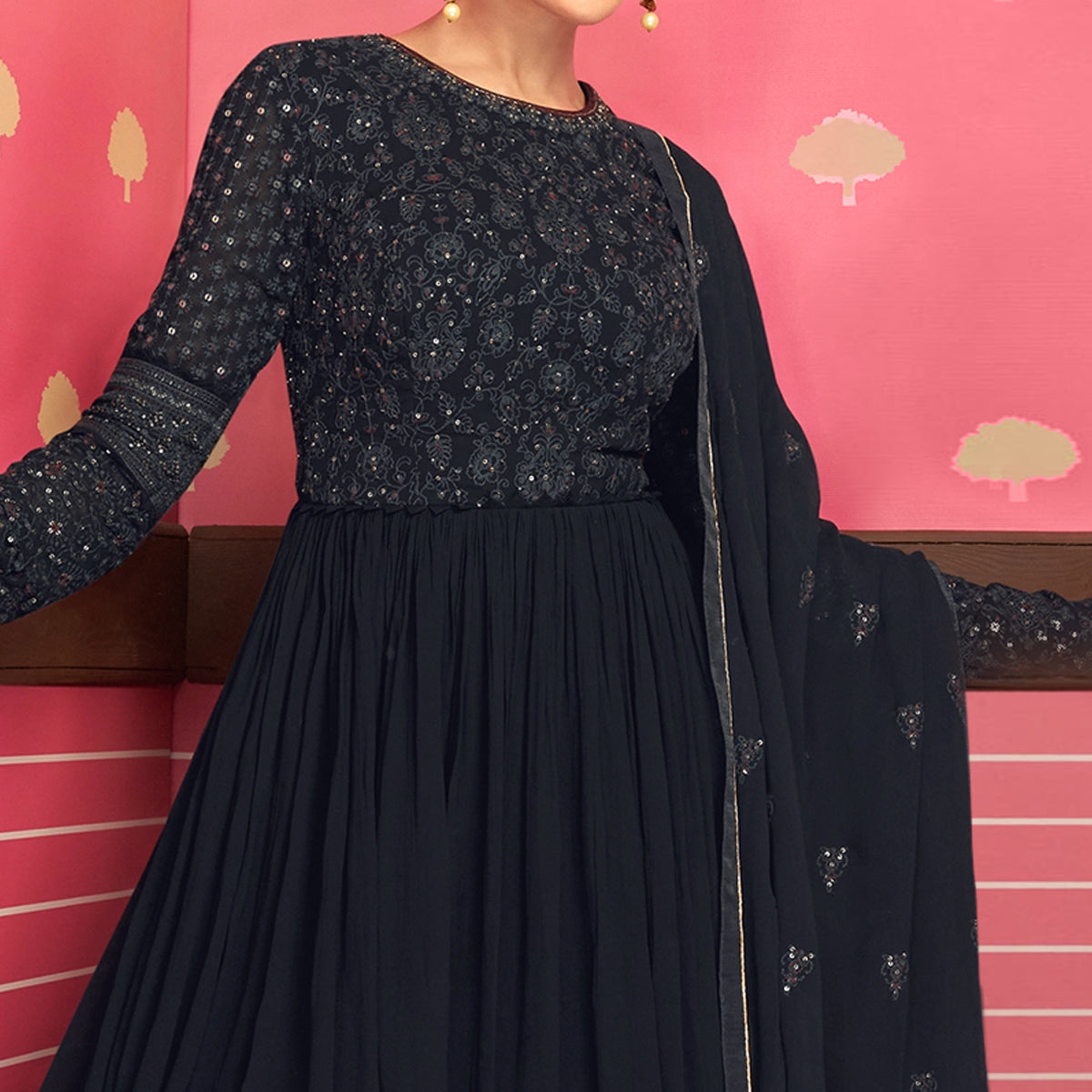 Black Sequins Embroidered Georgette Gown