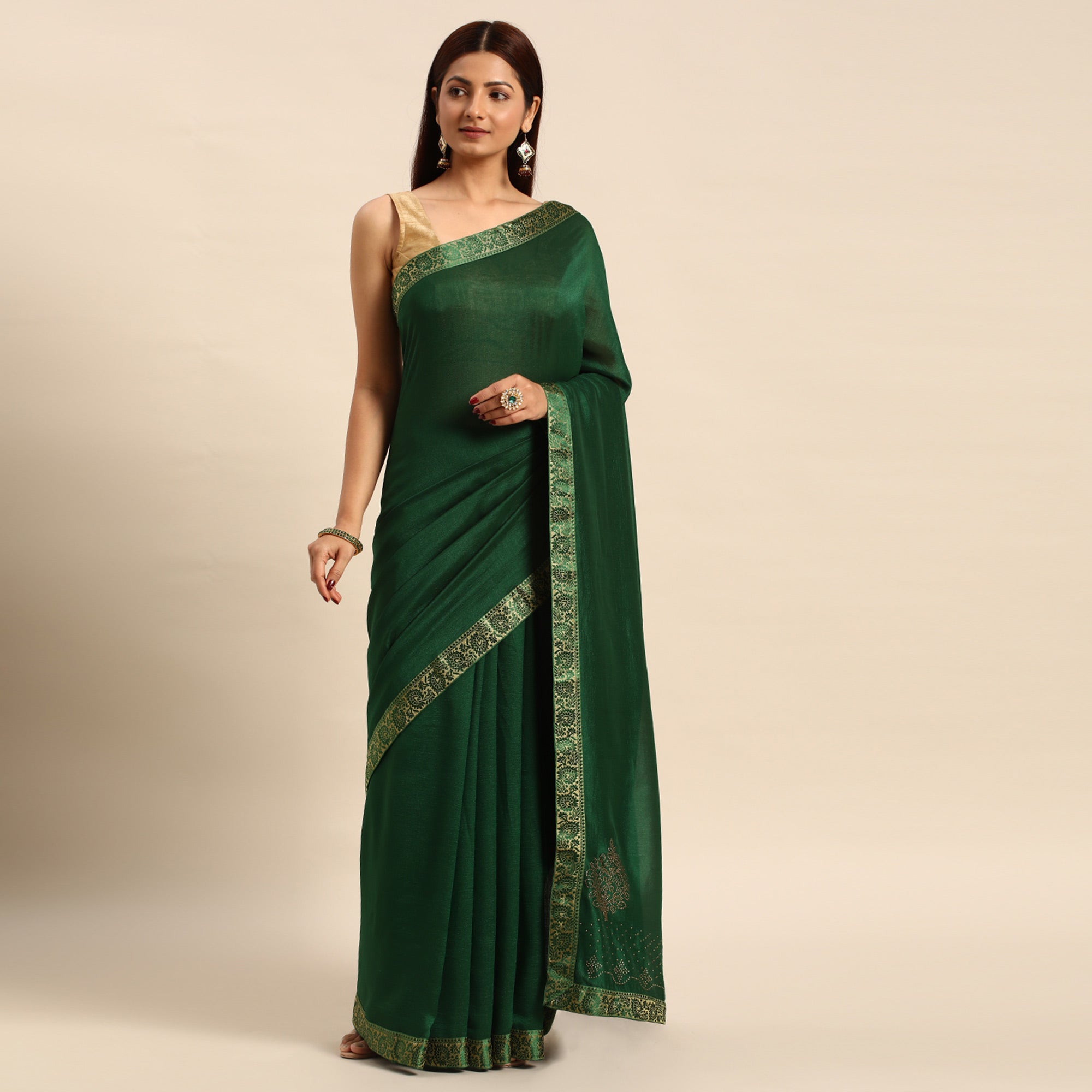 Green Swaroski Work Vichitra Silk Saree