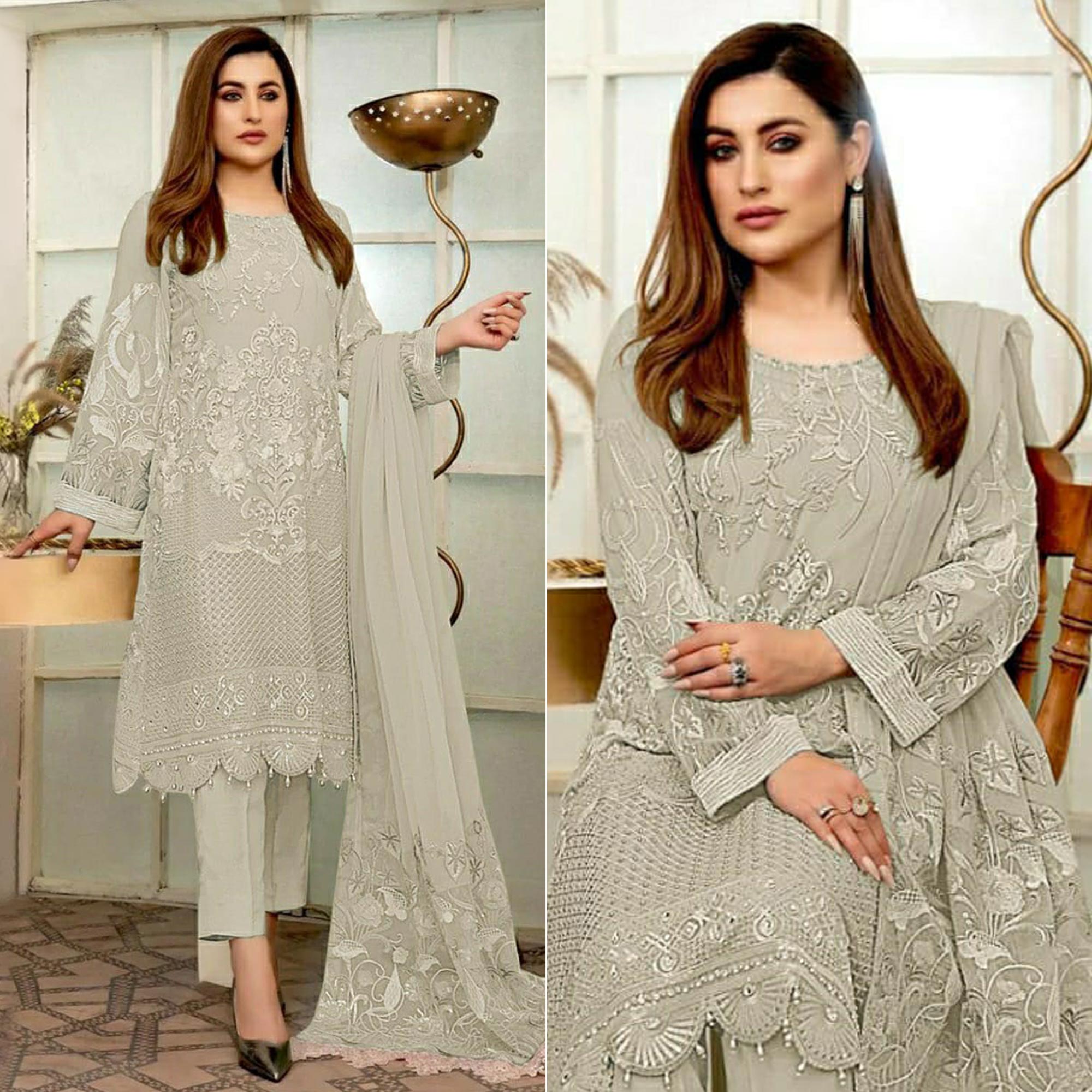 Grey Embroidered Georgette Pakistani Suit