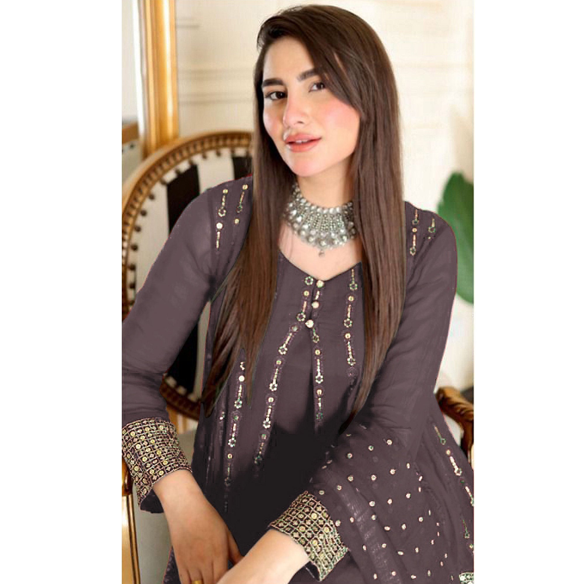 Brown Sequins Embroidered Georgette Pakistani Suit