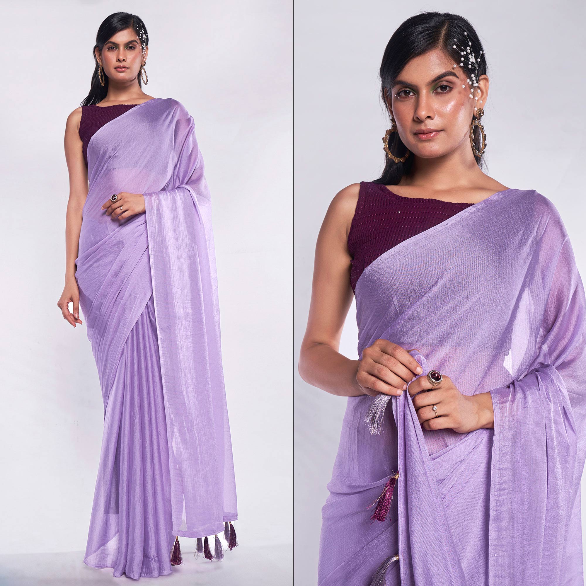 Purple Solid Georgette Saree With Tassels