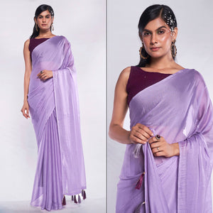 Purple Solid Georgette Saree With Tassels