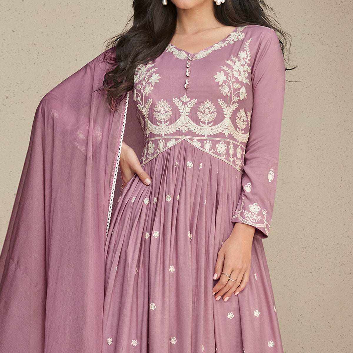 Mauve Lucknowi Embroidered Rayon Palazzo Suit