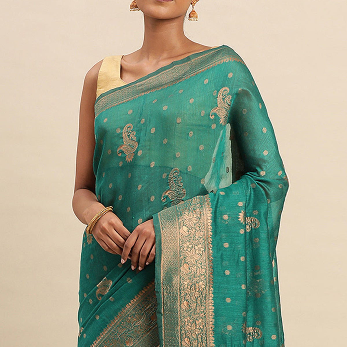 Turquoise Green Woven Organza Saree