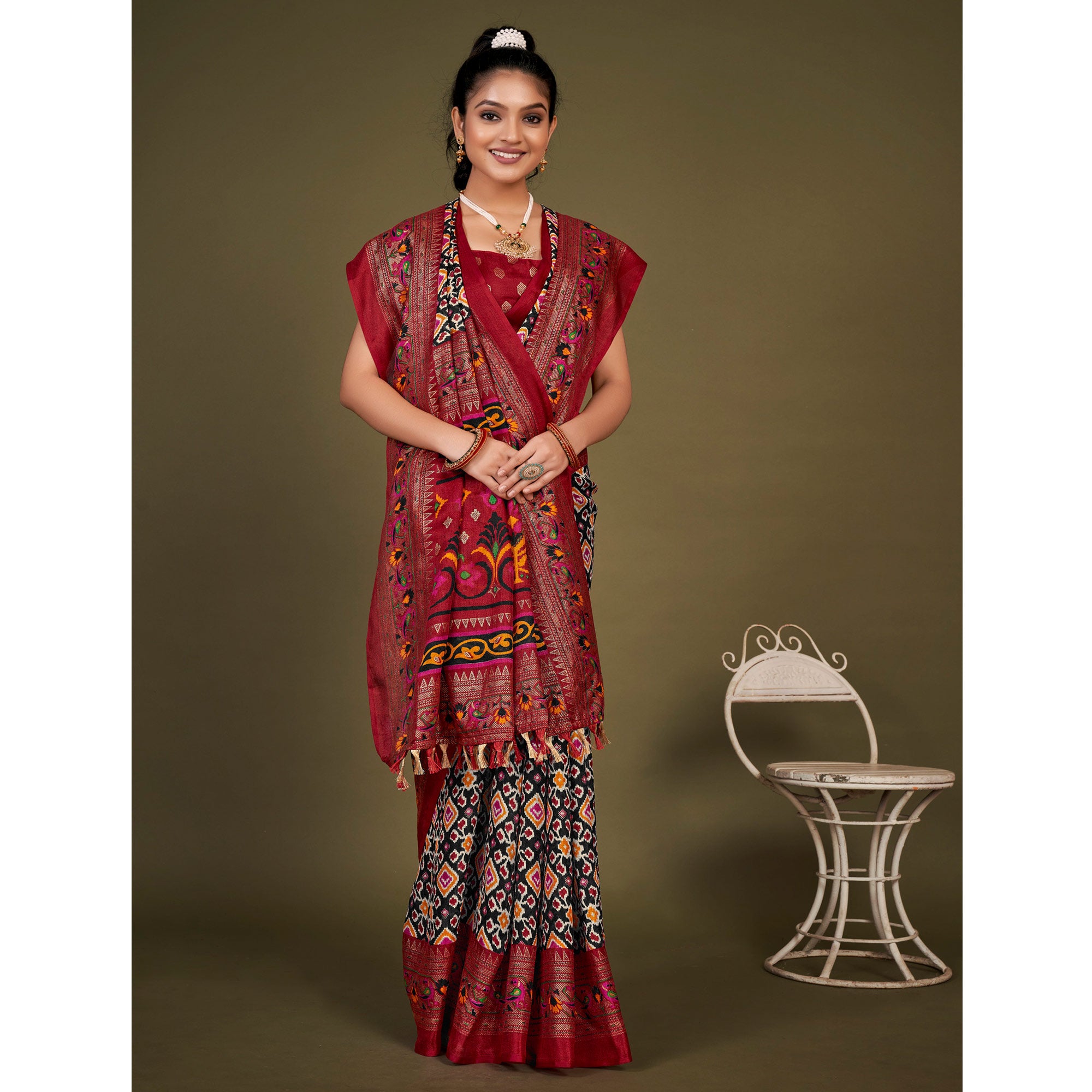 Black Printed Jute Patola Saree With Tassels