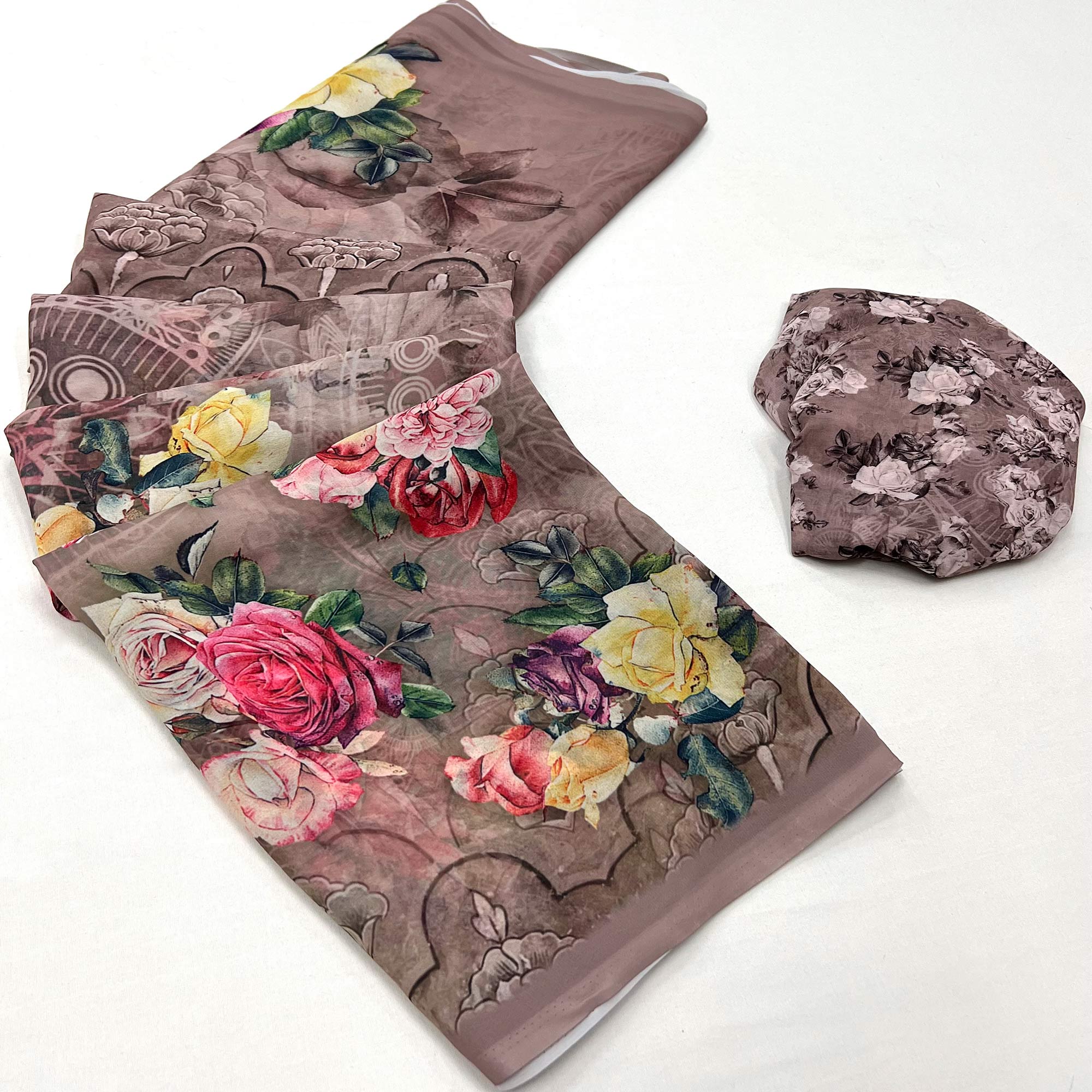 Chikoo Digital Floral Printed Georgette Saree