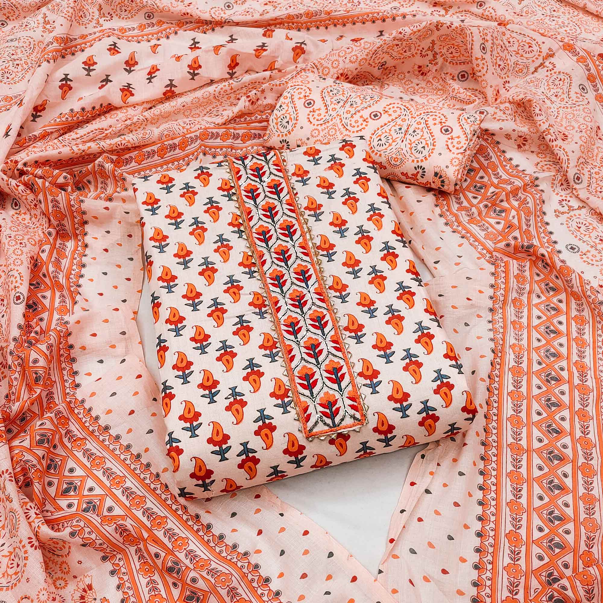 Peach Printed Cotton Dress Material