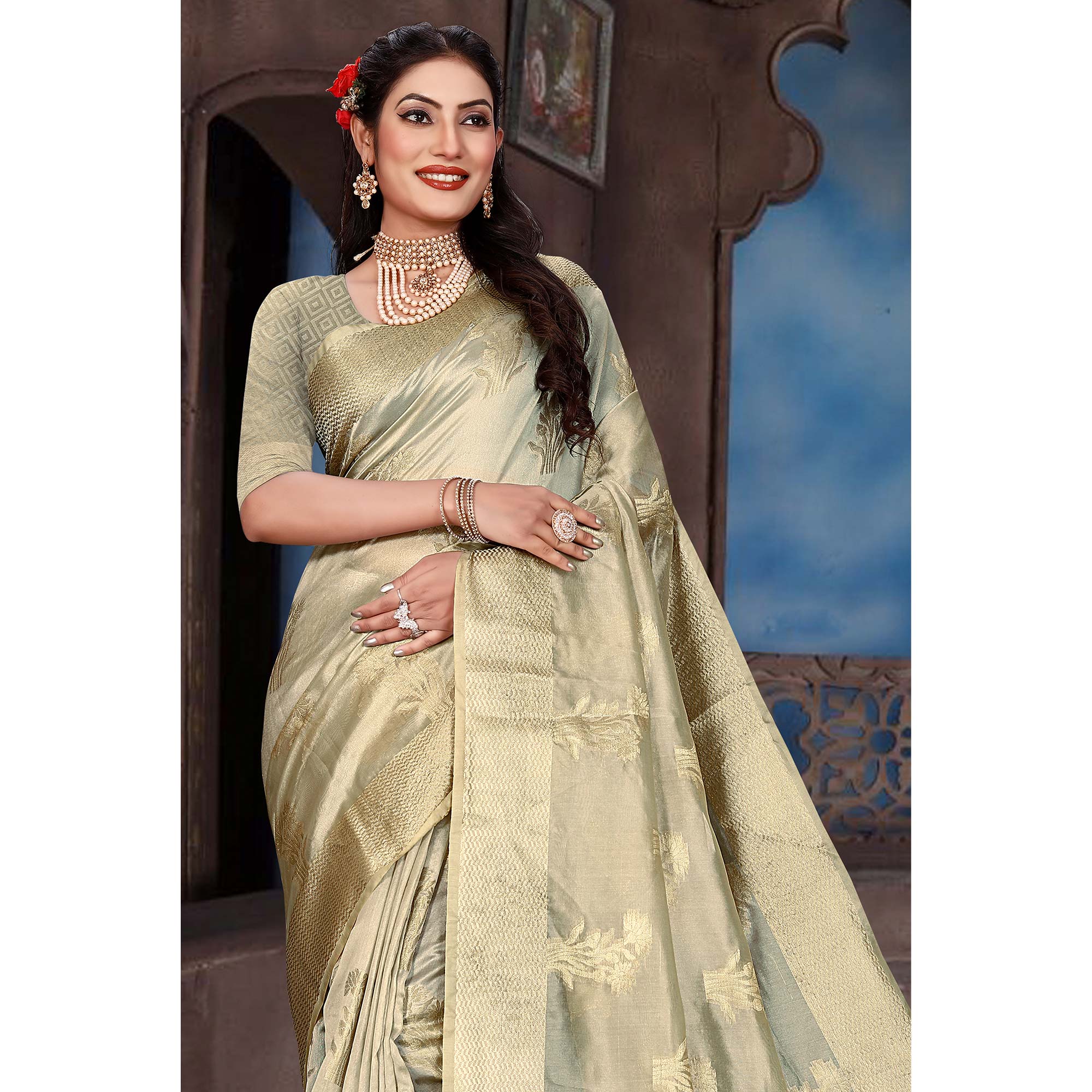 Grey Floral Woven Organza Saree