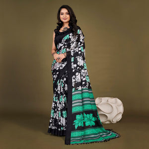Black Floral Printed Jute Saree With Tassels
