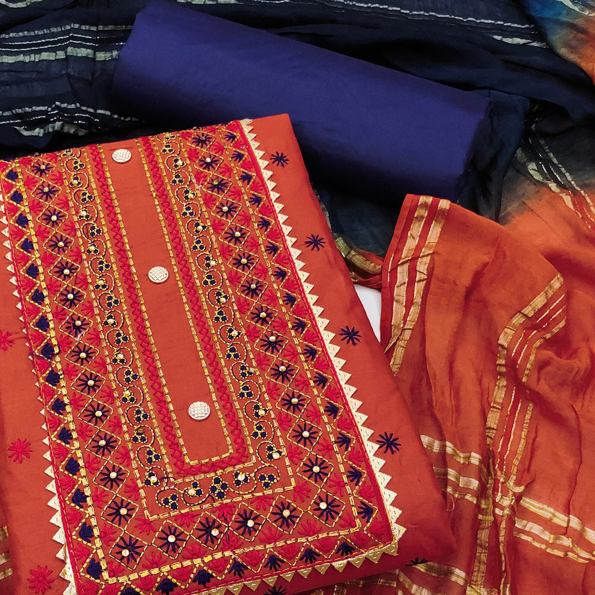 Orange Floral Embroidered Cotton Blend Dress Material