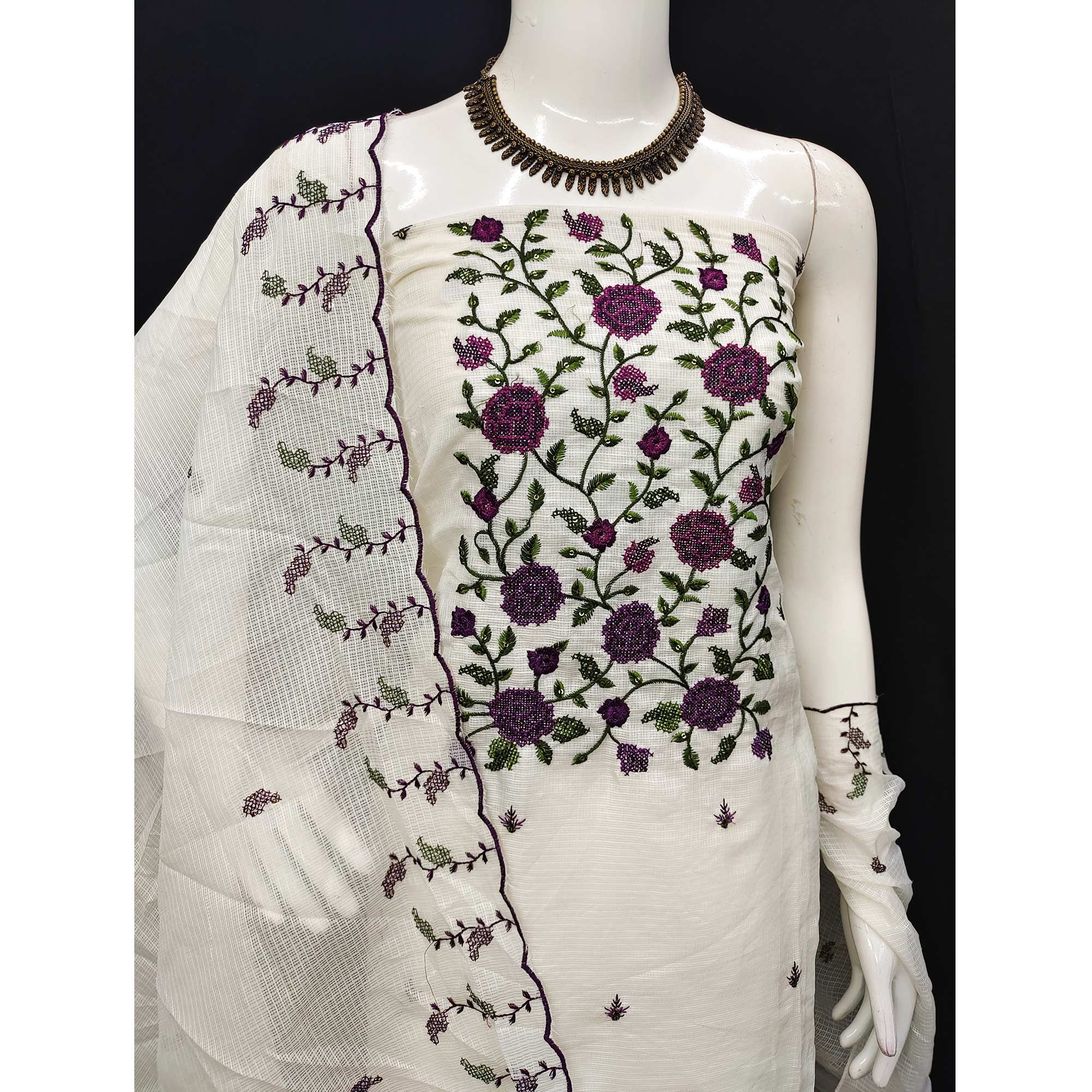 White Floral Sequins Embroidered Kota Doria Dress Material