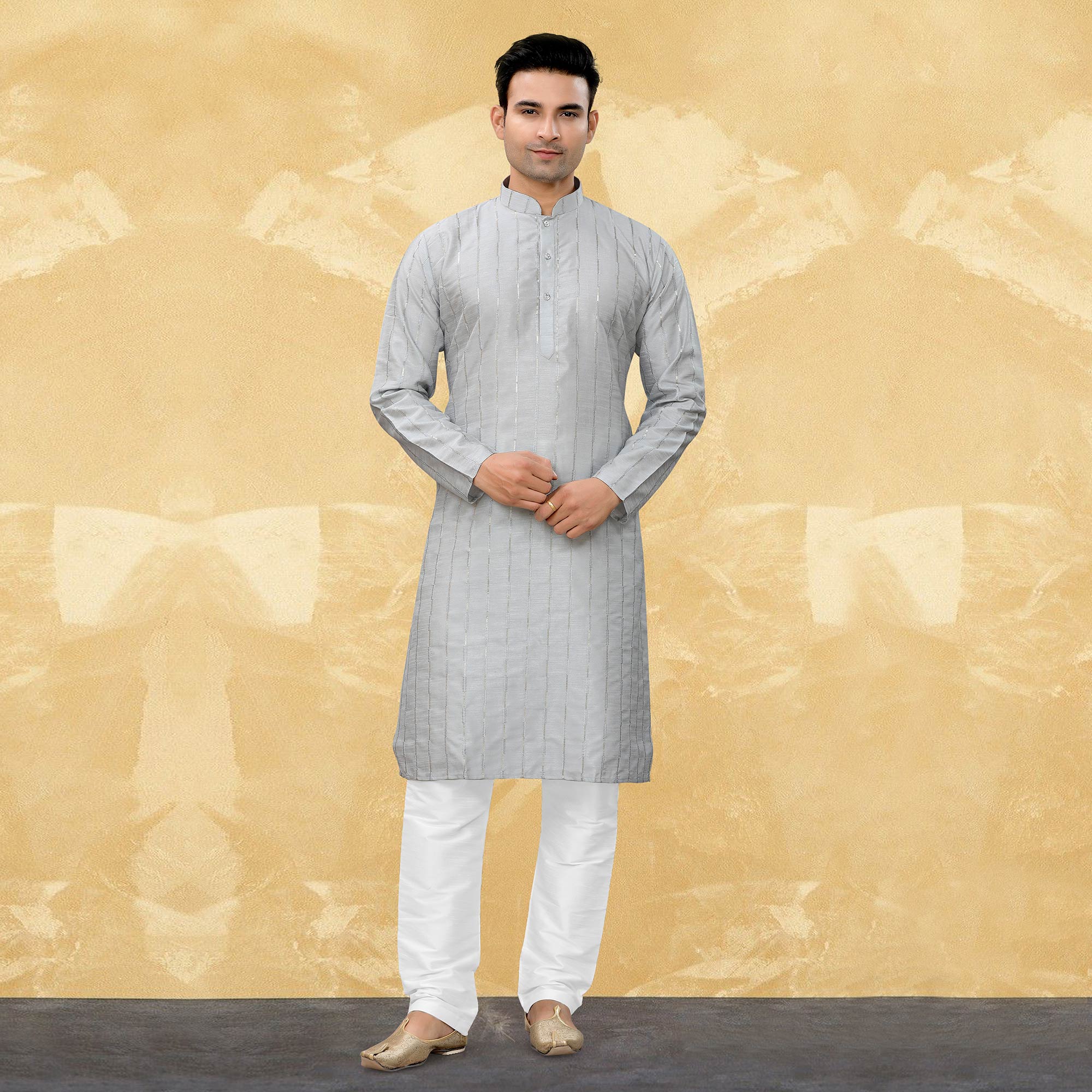 Grey Sequins Embroidered Art Silk Kurta Pyjama Set