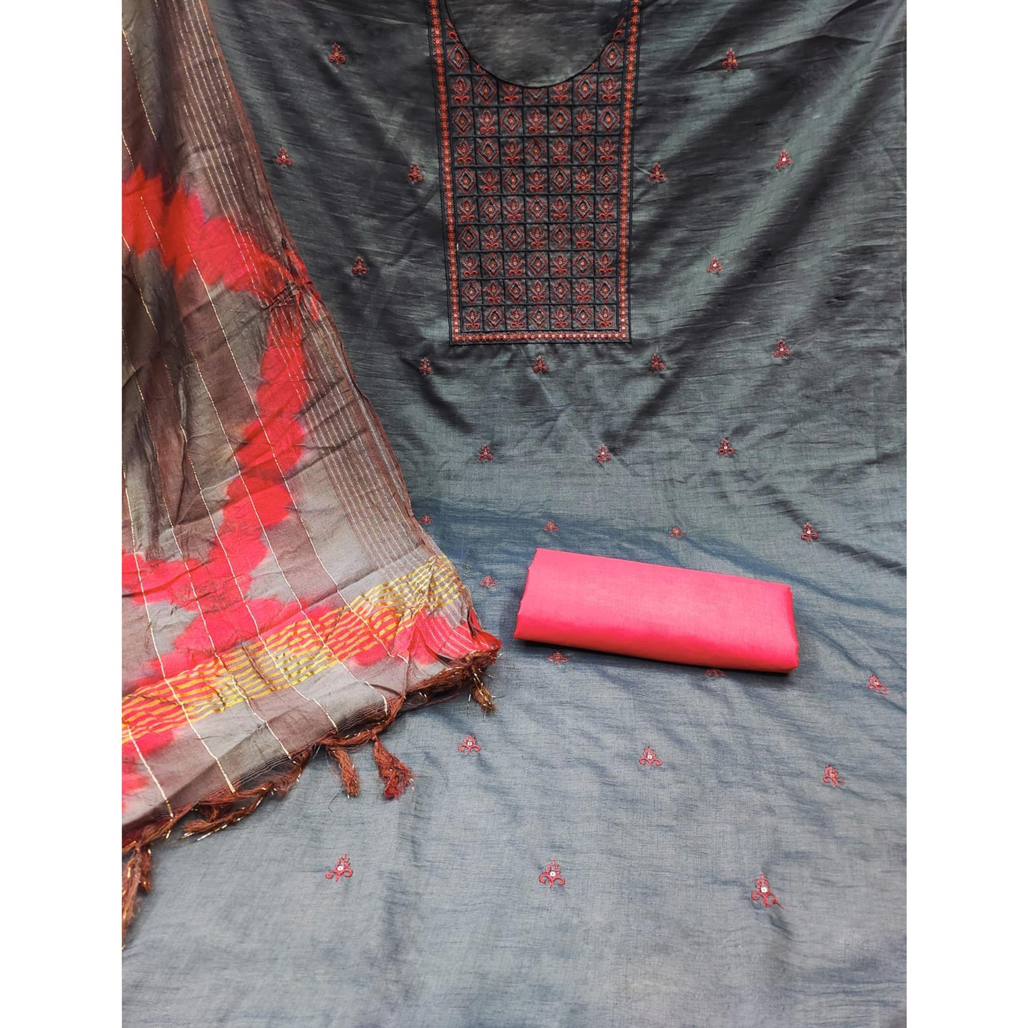 Grey Embroidered Cotton Blend Dress Material