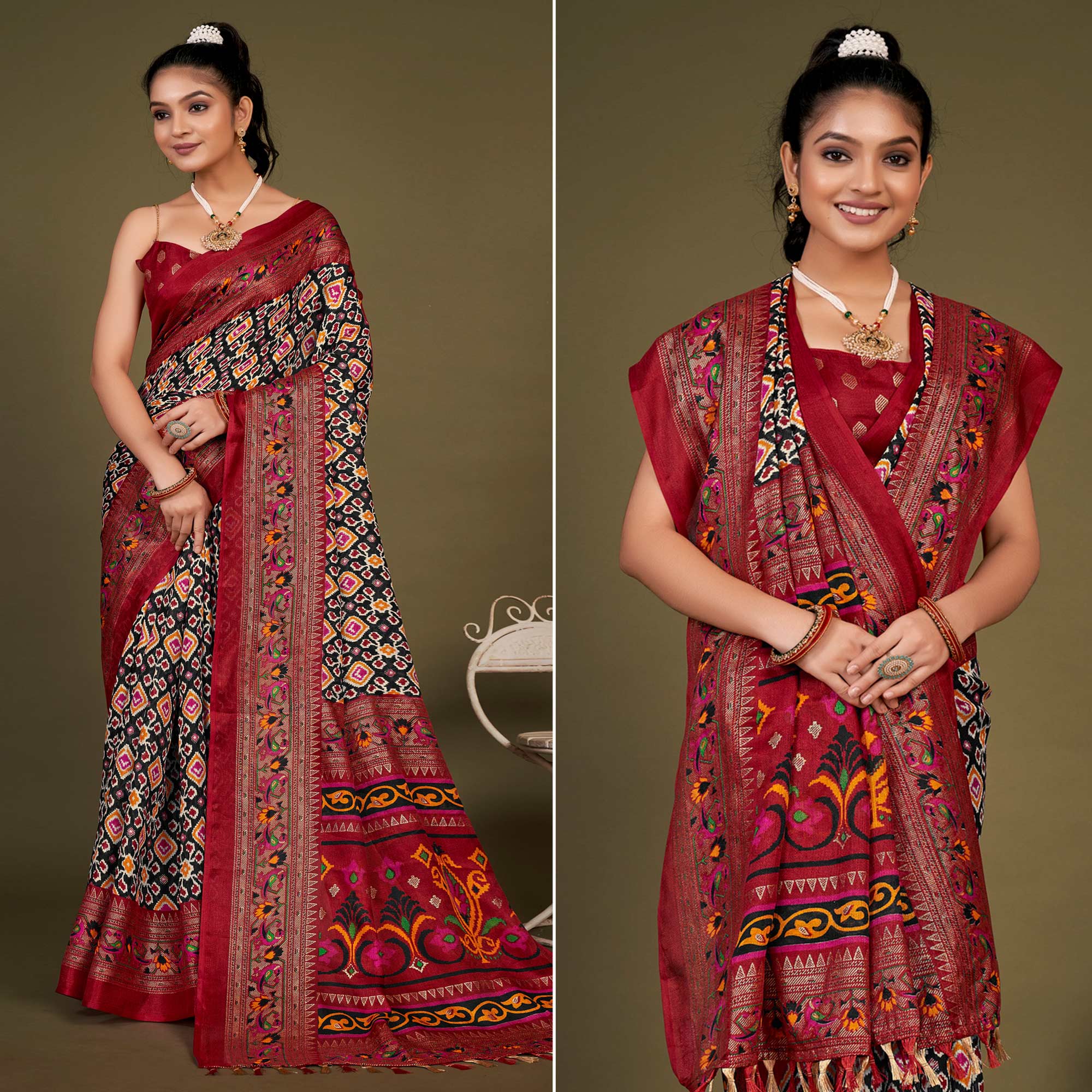 Black Printed Jute Patola Saree With Tassels