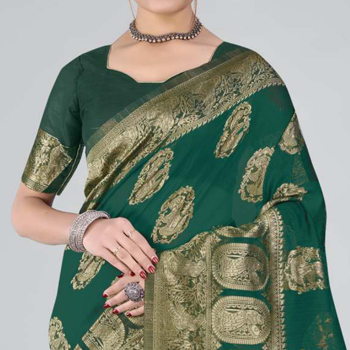 Green Woven Organza Saree With Tassels