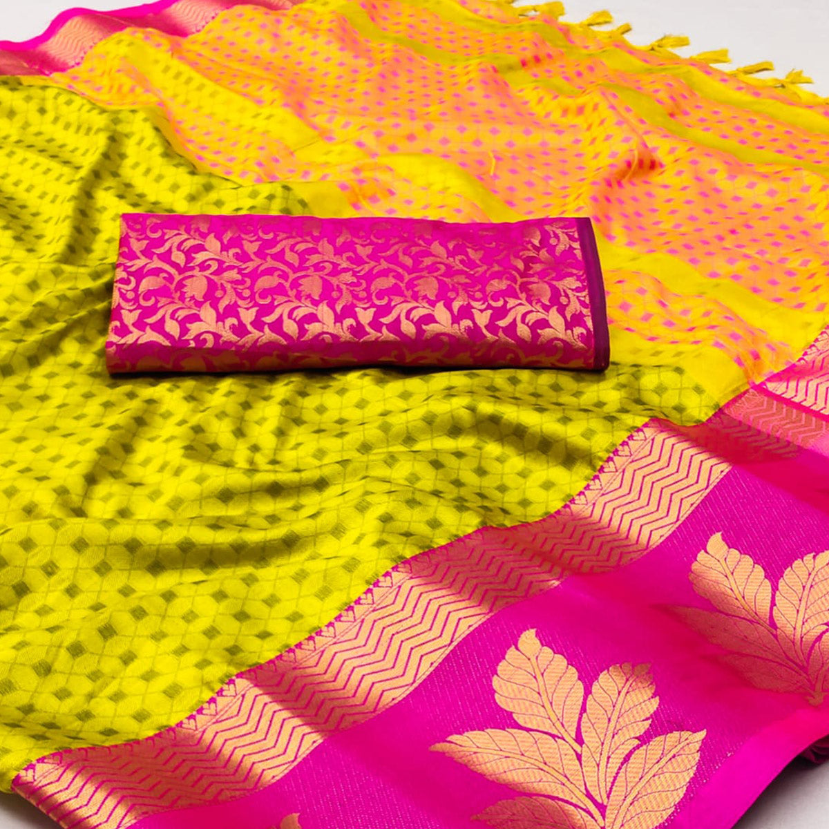 Lemon Yellow Woven Cotton Silk Saree With Tassels