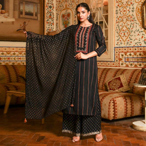 Black Printed With Embroidered Rayon Palazzo Suit