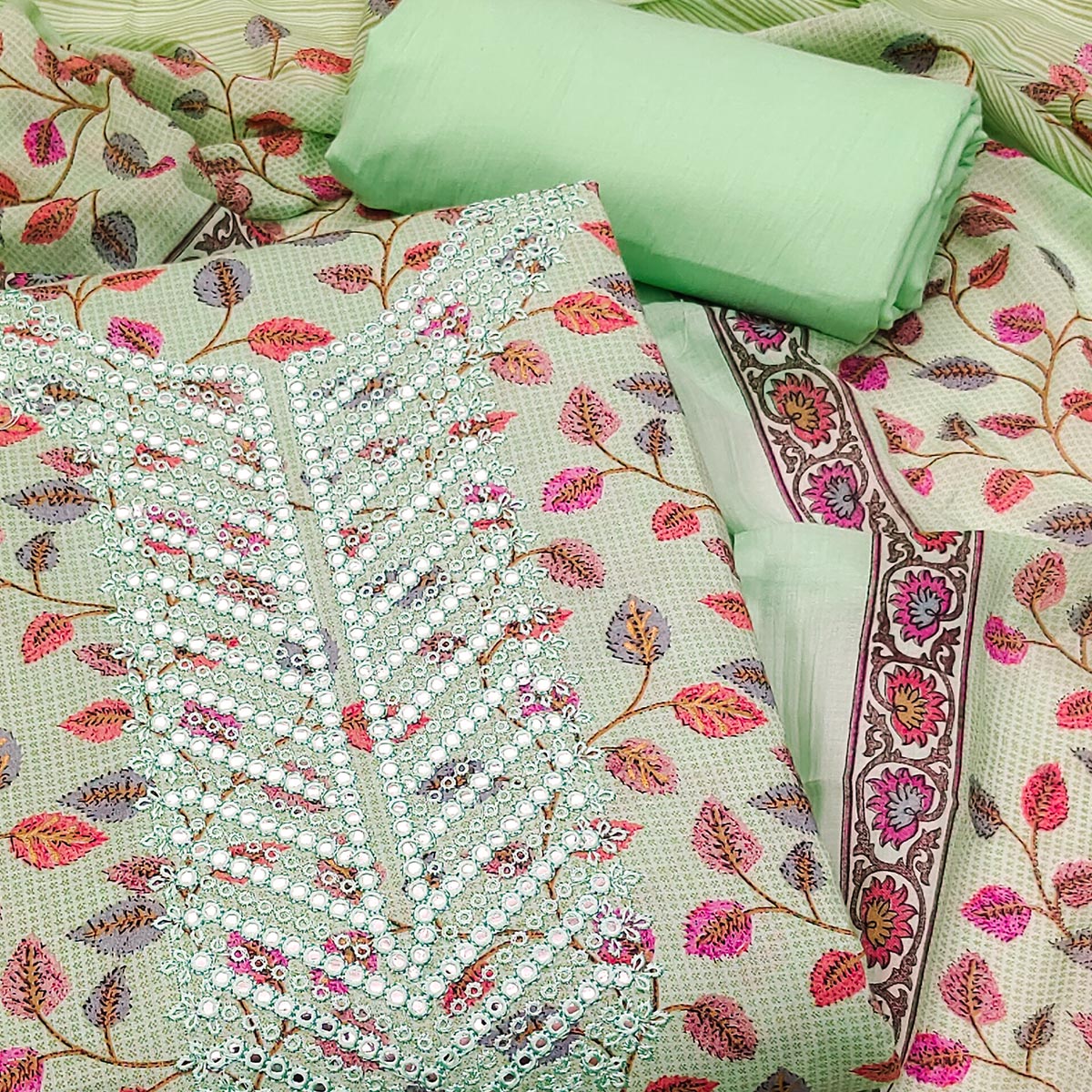 Green Floral Printed-Mirror Work Pure Cotton Dress Material