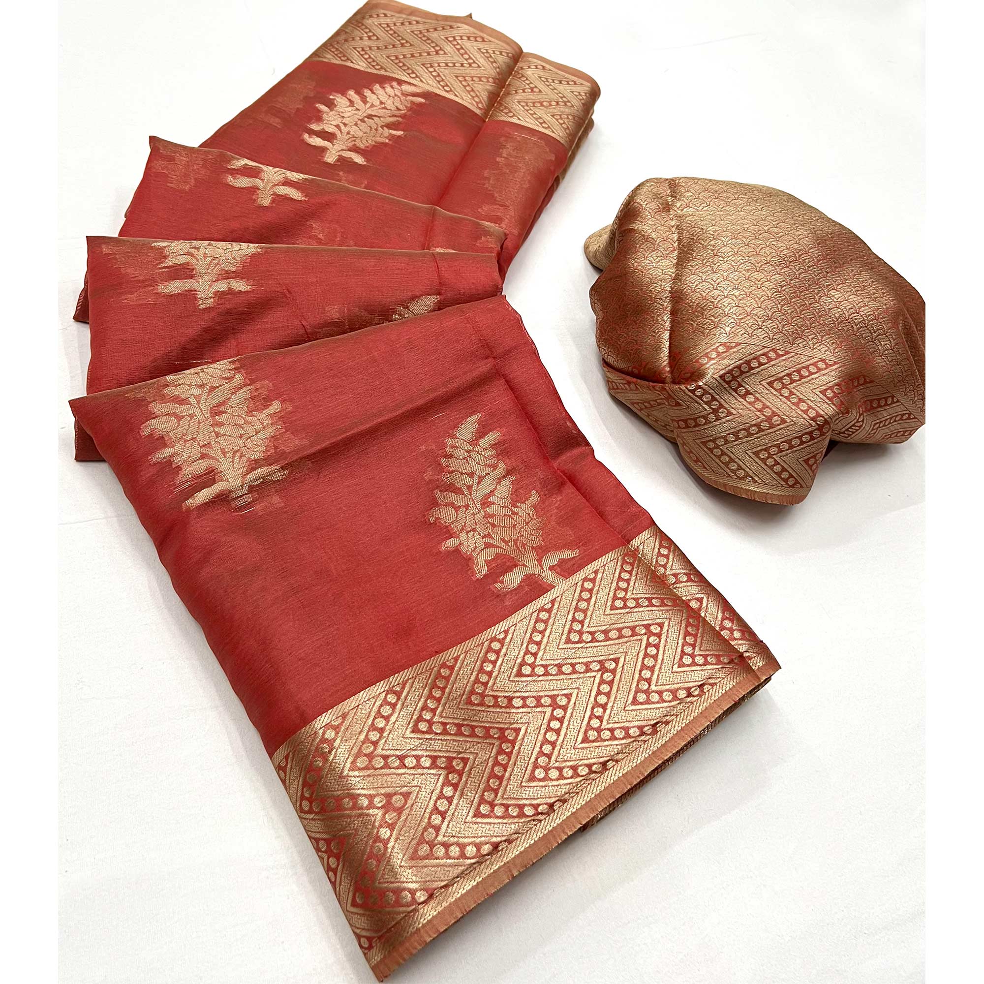 Rust Floral Woven Organza Saree