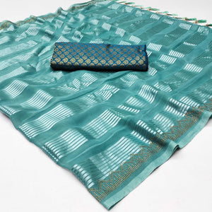 Blue Striped With Stone Work Georgette Saree