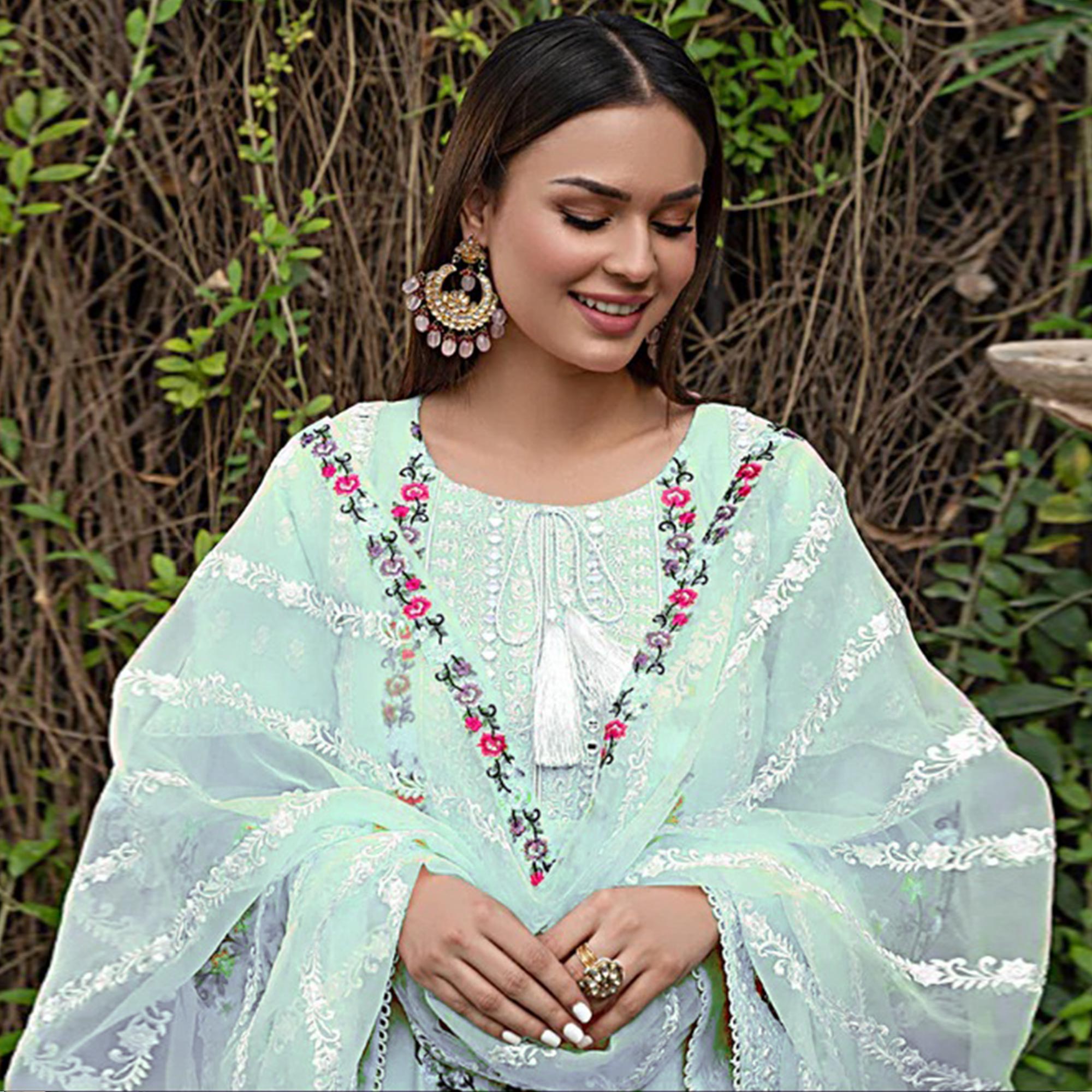 Blue Floral Embroidered Georgette Palazzo Suit