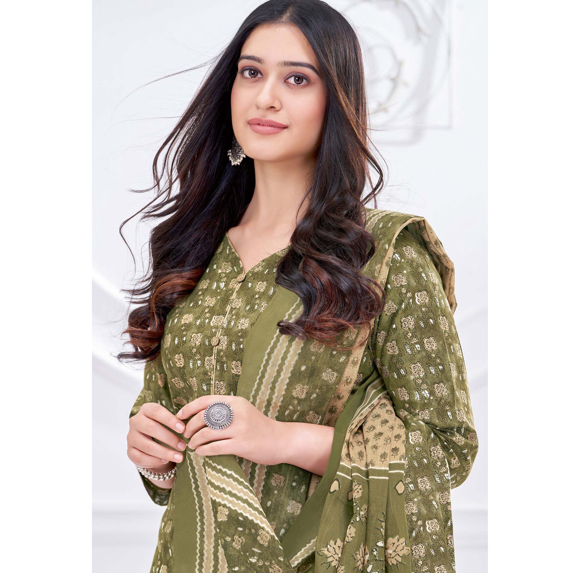 Olive Green Printed Pure Cotton Suit