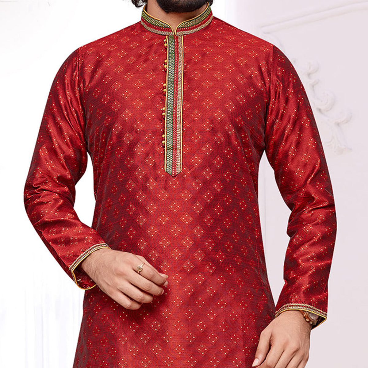Red Woven Jacquard Kurta Pyjama Set