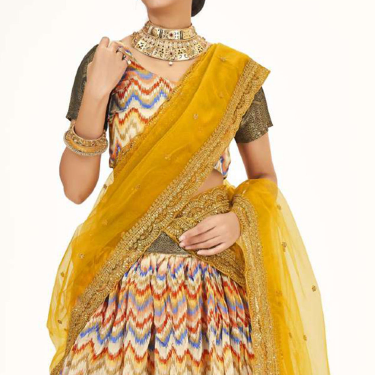 Multicolor Digital Printed With Zari Work Art Silk Lehenga Choli