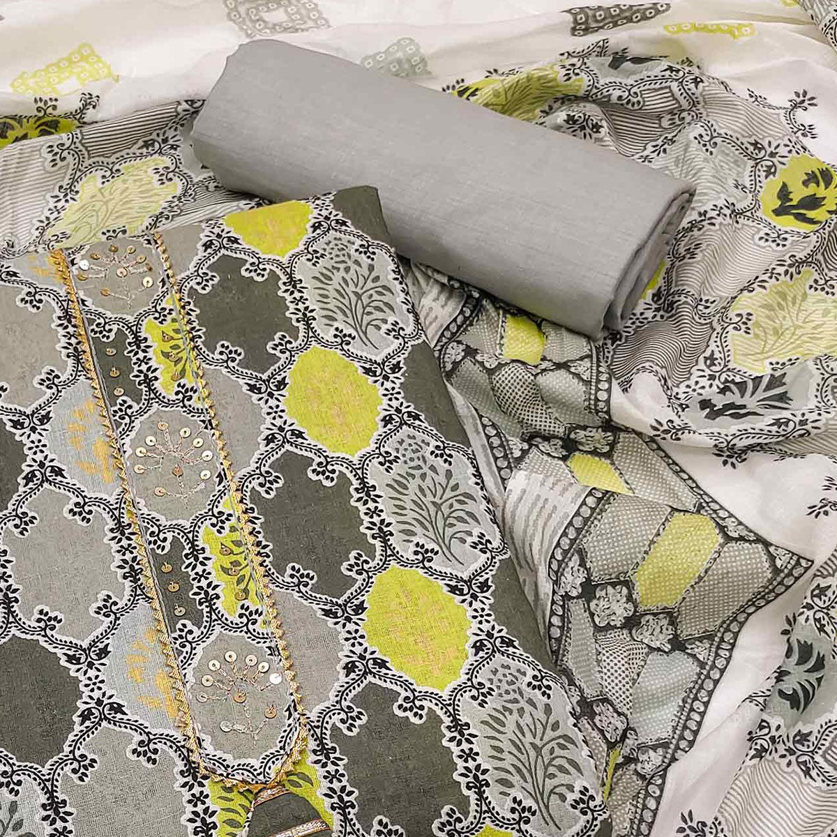Grey Printed Pure Cotton Dress Material
