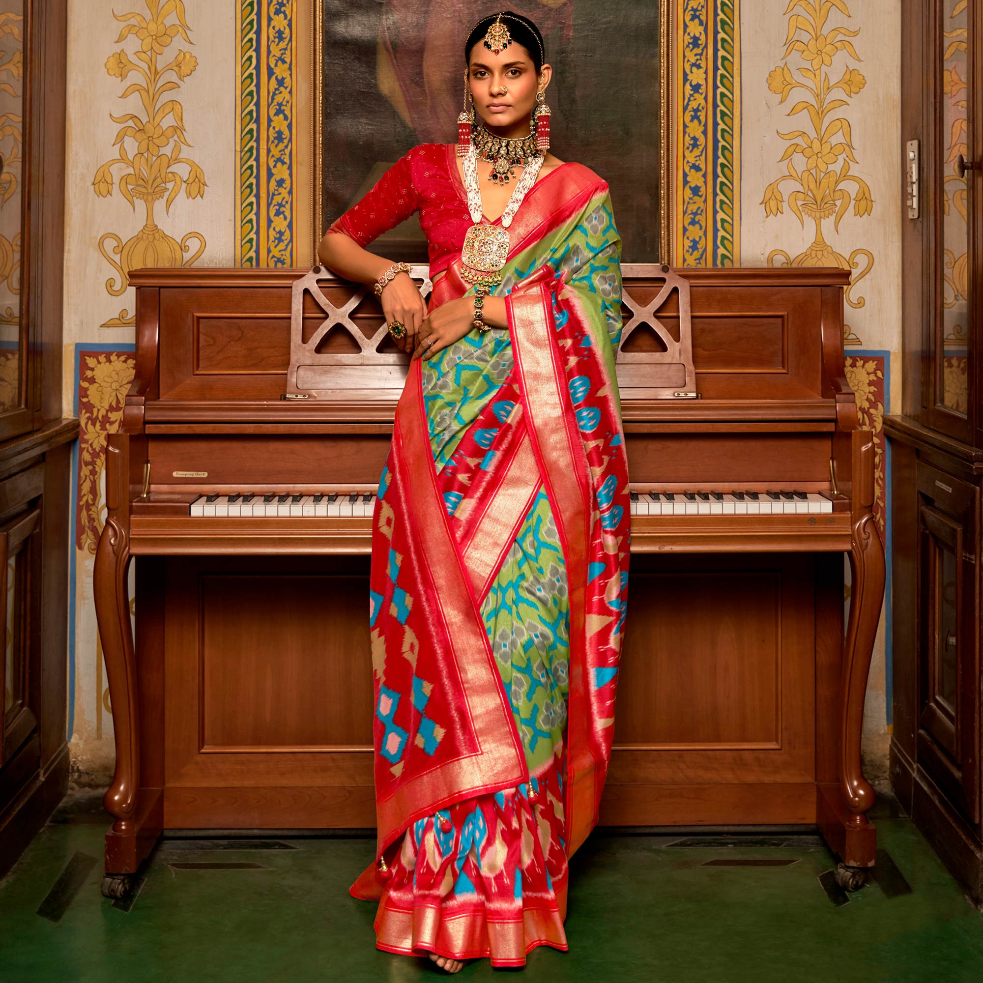Green & Red Printed Art Silk Saree