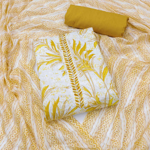 White & Yellow Floral Printed Pure Cotton Dress Material