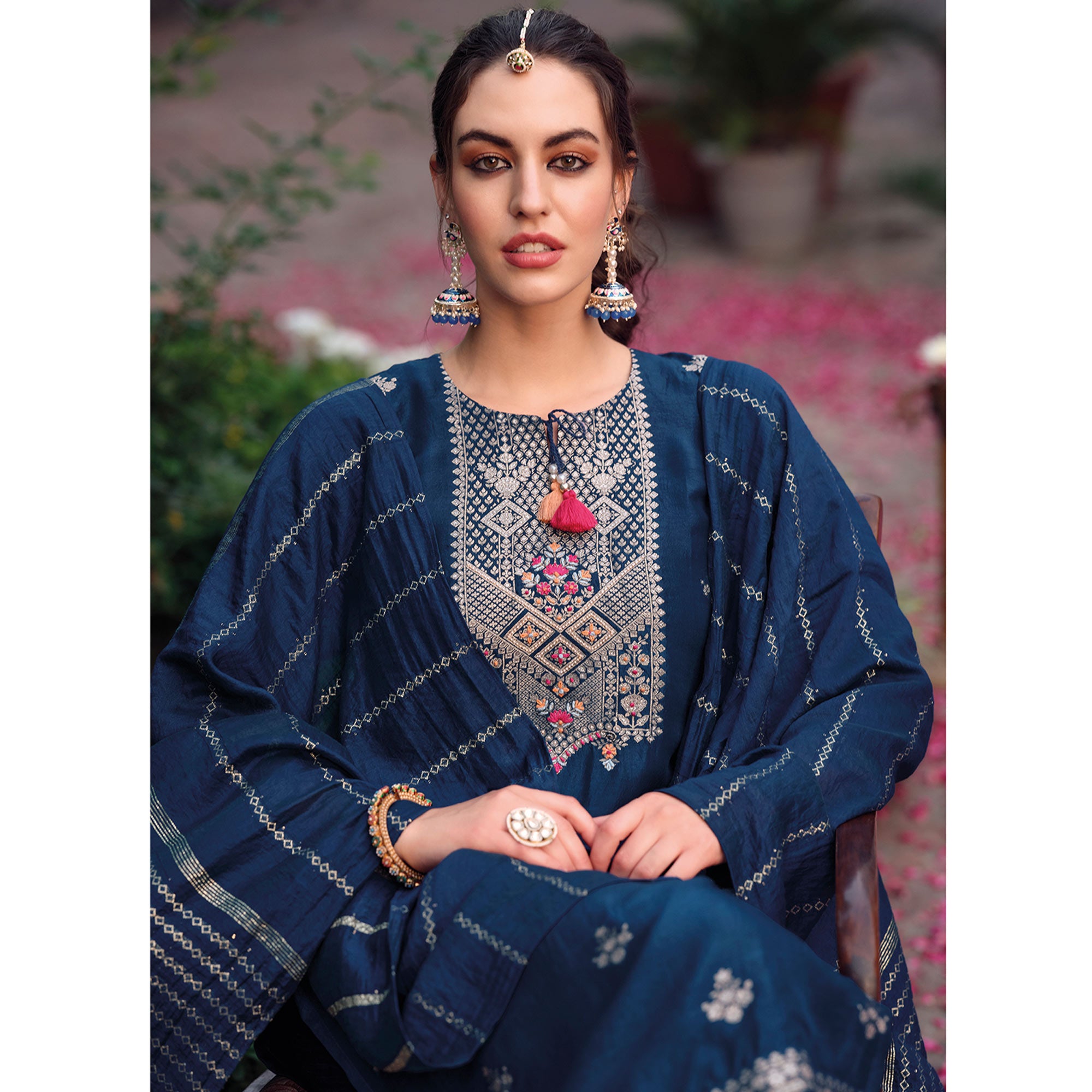 Blue Floral Woven Muslin Salwar Suit