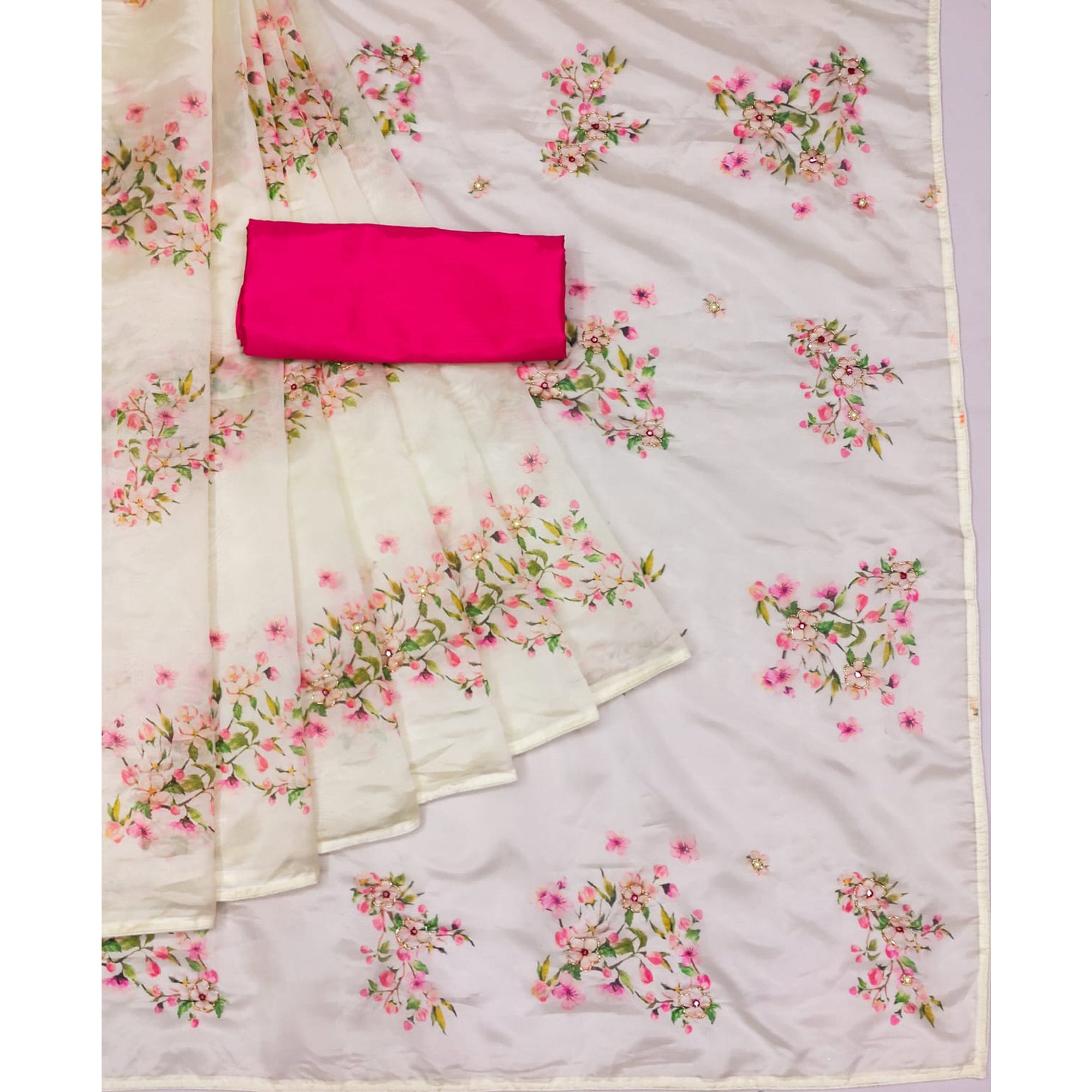 White Floral Printed With Khatli Work Organza Saree