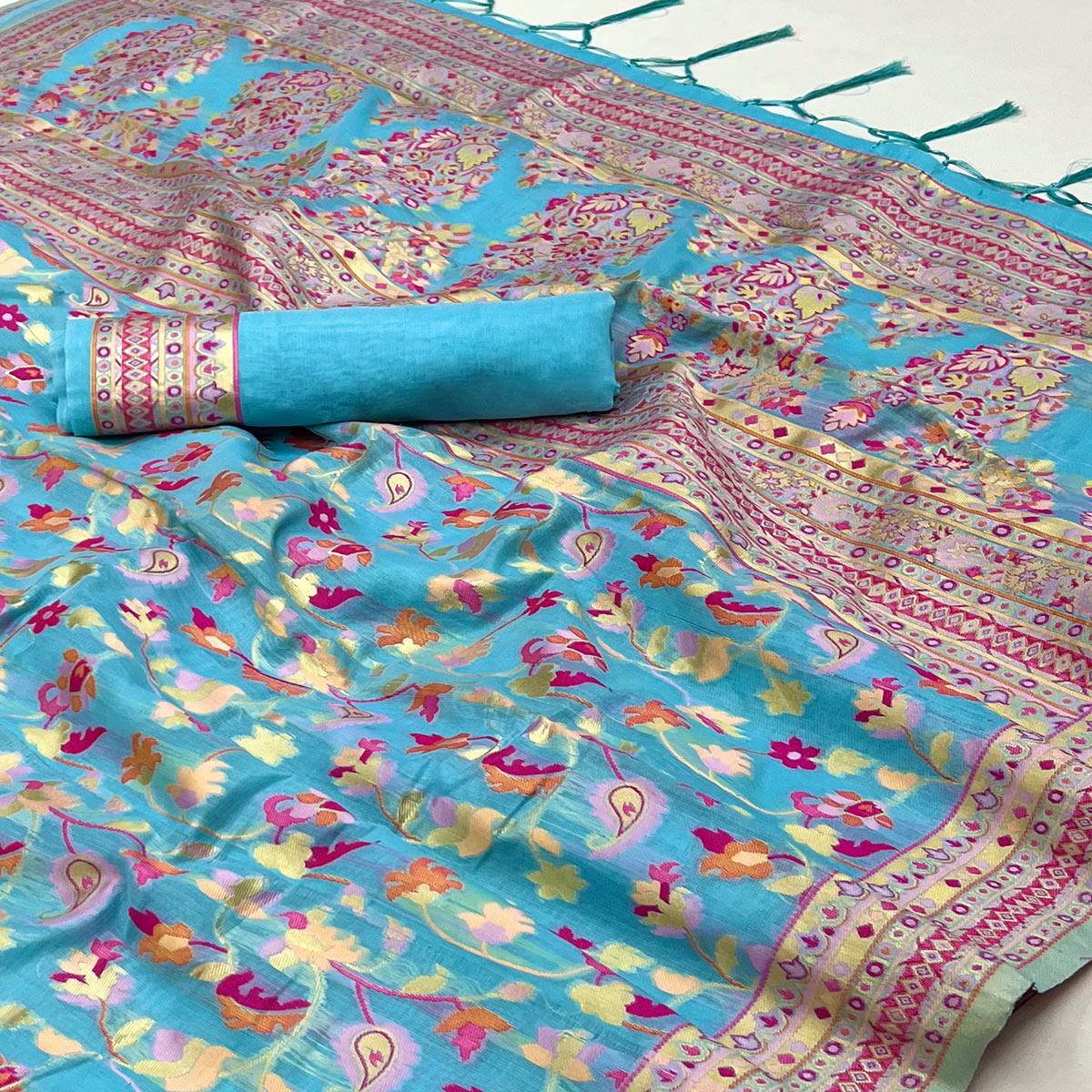 Blue Floral Woven Chanderi Saree