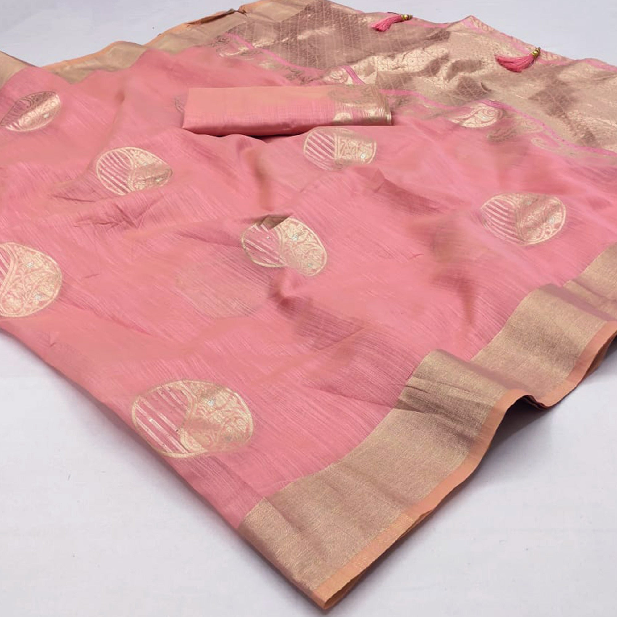 Pink Woven Art Silk Saree With Tassels